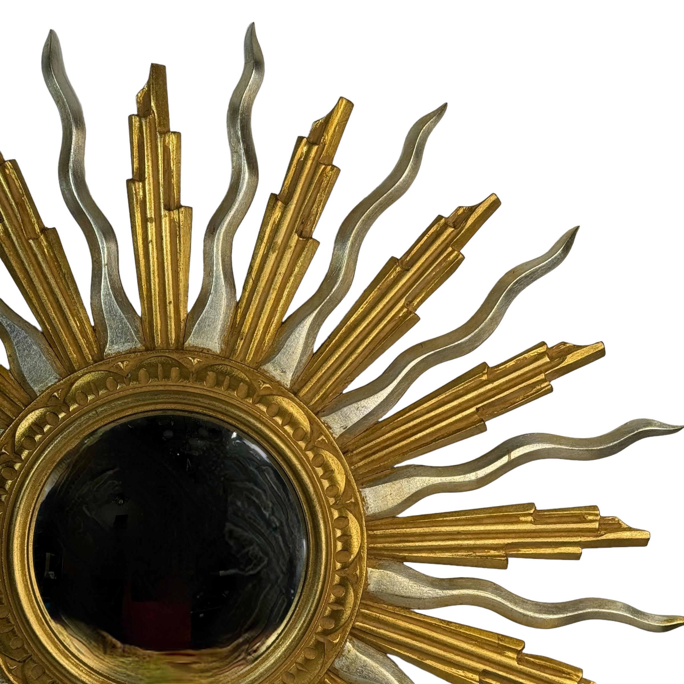 Außergewöhnliche Silber und Gold Sunburst Starburst Holz konvexe Spiegel Belgien 1960 (Mitte des 20. Jahrhunderts) im Angebot