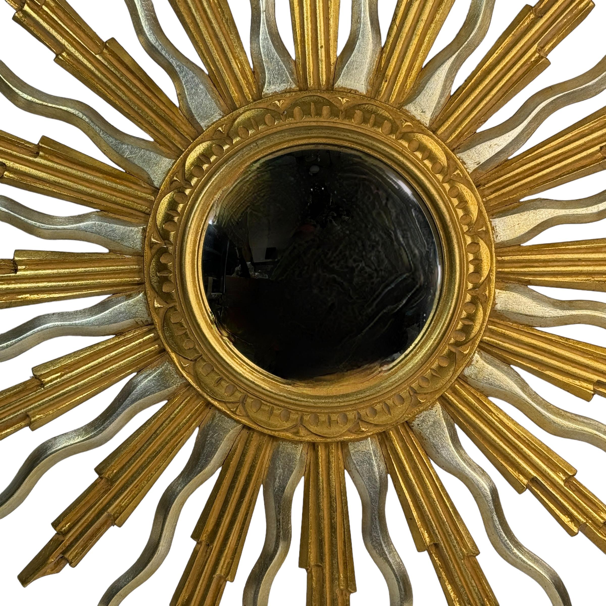 Außergewöhnliche Silber und Gold Sunburst Starburst Holz konvexe Spiegel Belgien 1960 im Angebot 3
