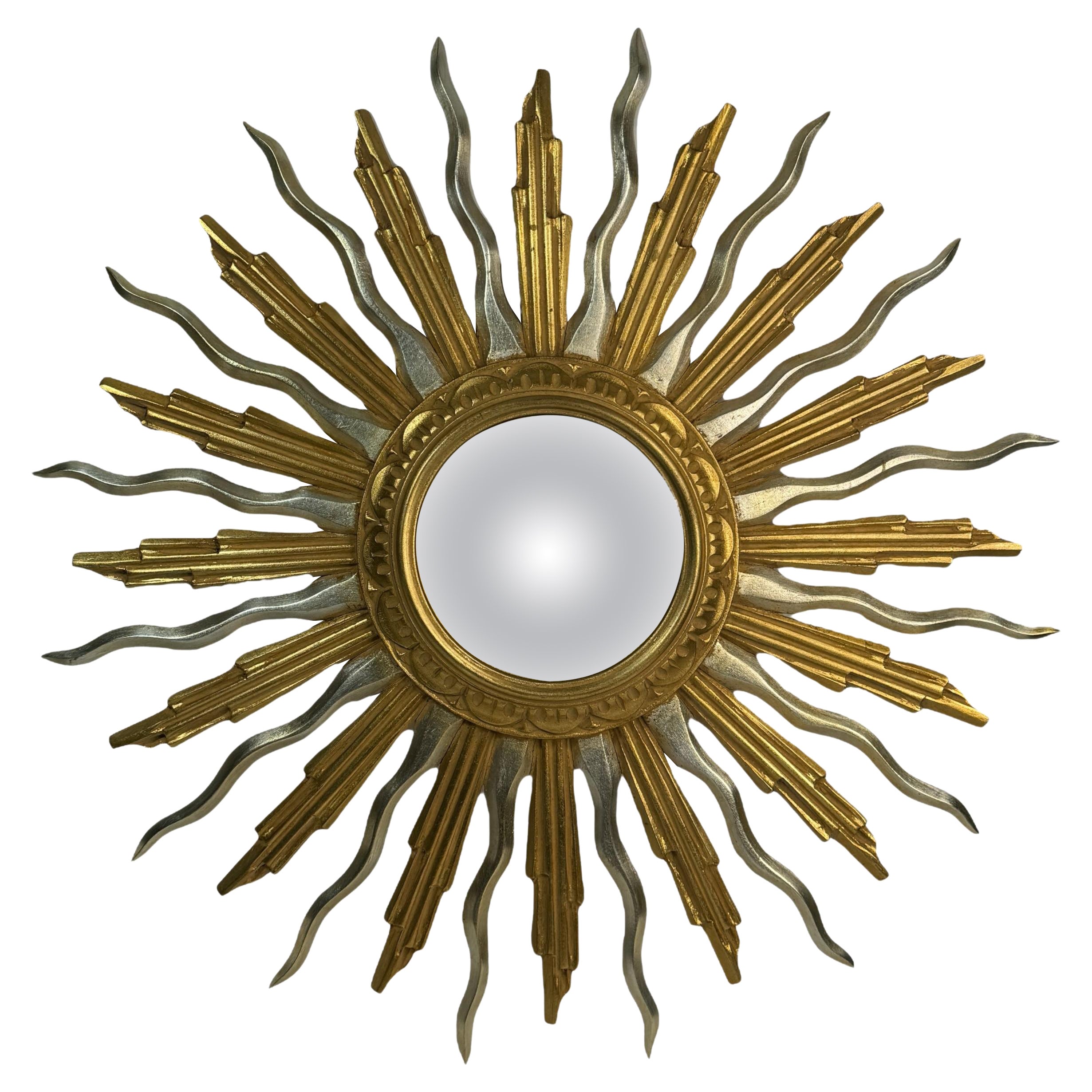 Extraordinaire miroir Sunburst en bois convexe argenté et or, Belgique 1960