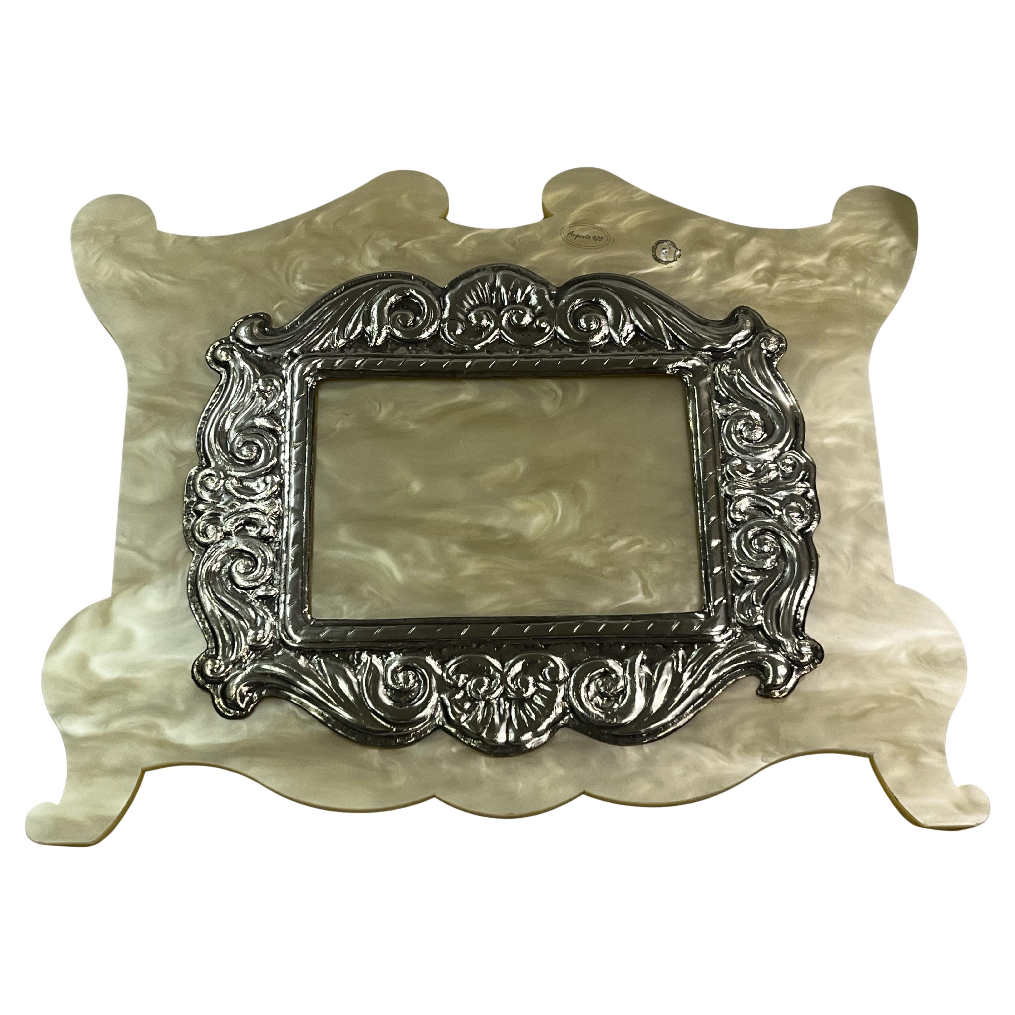 1970s Baroque Picture Frame, Resin with Sterling Silver Overlay, Italy in vendita