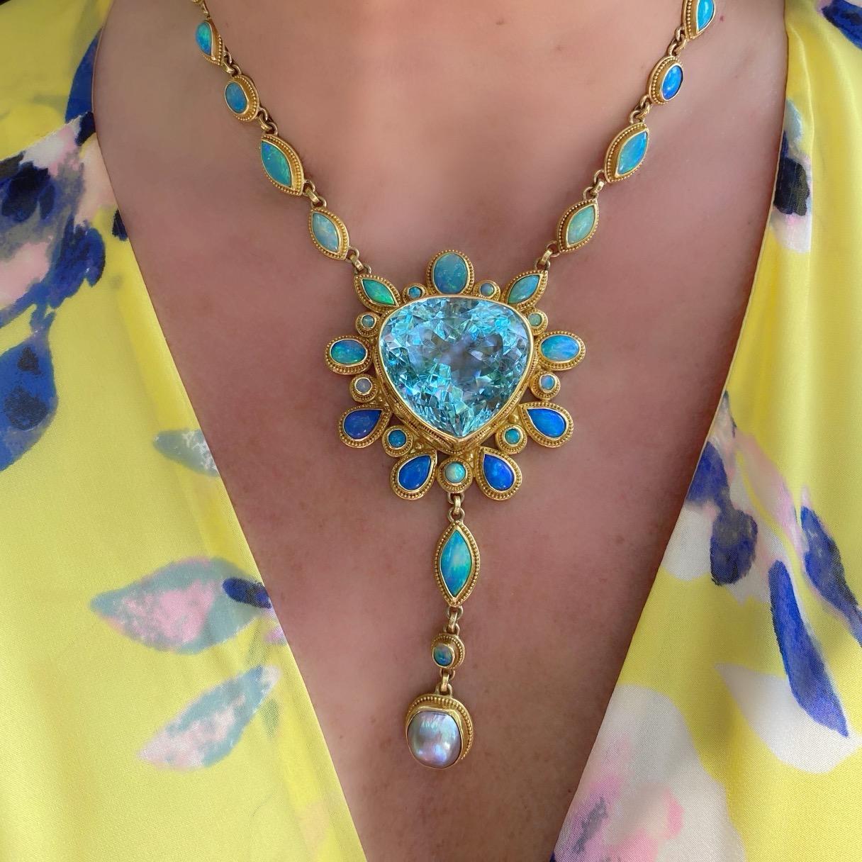 Pear Cut Extraordinary Topaz, Opal & Pearl Gold Necklace by Luna Felix For Sale