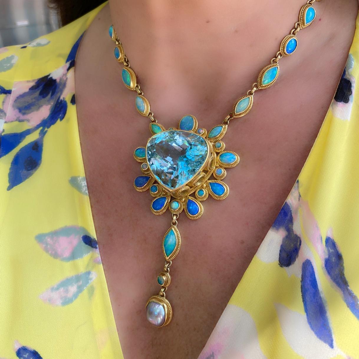 Women's Extraordinary Topaz, Opal & Pearl Gold Necklace by Luna Felix For Sale