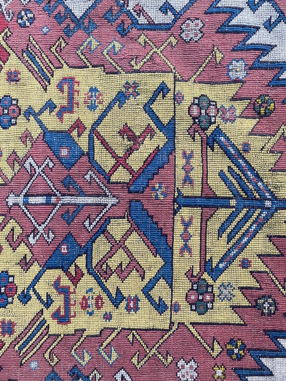 Bobyrug’s Extraordinary Unusual Antique Caucasian Needlepoint Embroidered Rug In Fair Condition For Sale In Saint Ouen, FR