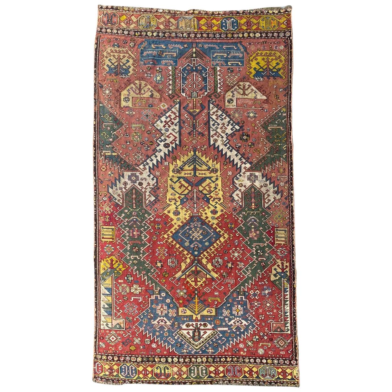 Bobyrug’s Extraordinary Unusual Antique Caucasian Needlepoint Embroidered Rug For Sale