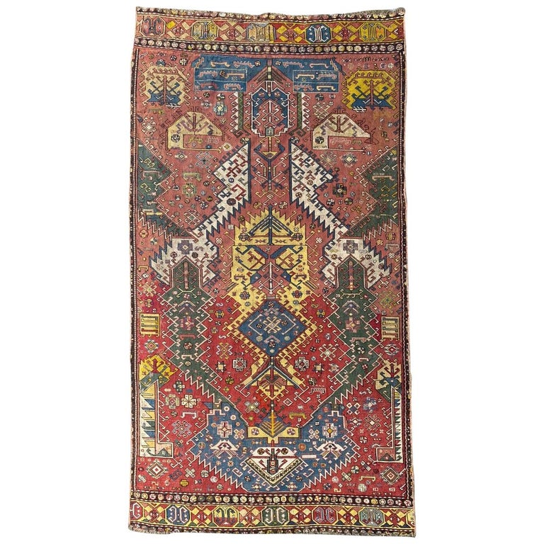 Extraordinary Unusual Antique Caucasian Needlepoint Embroidered Rug For