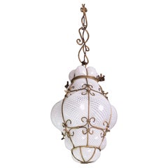 Extraordinary Venetian Lantern in Murano Reticello Glass, 1940s