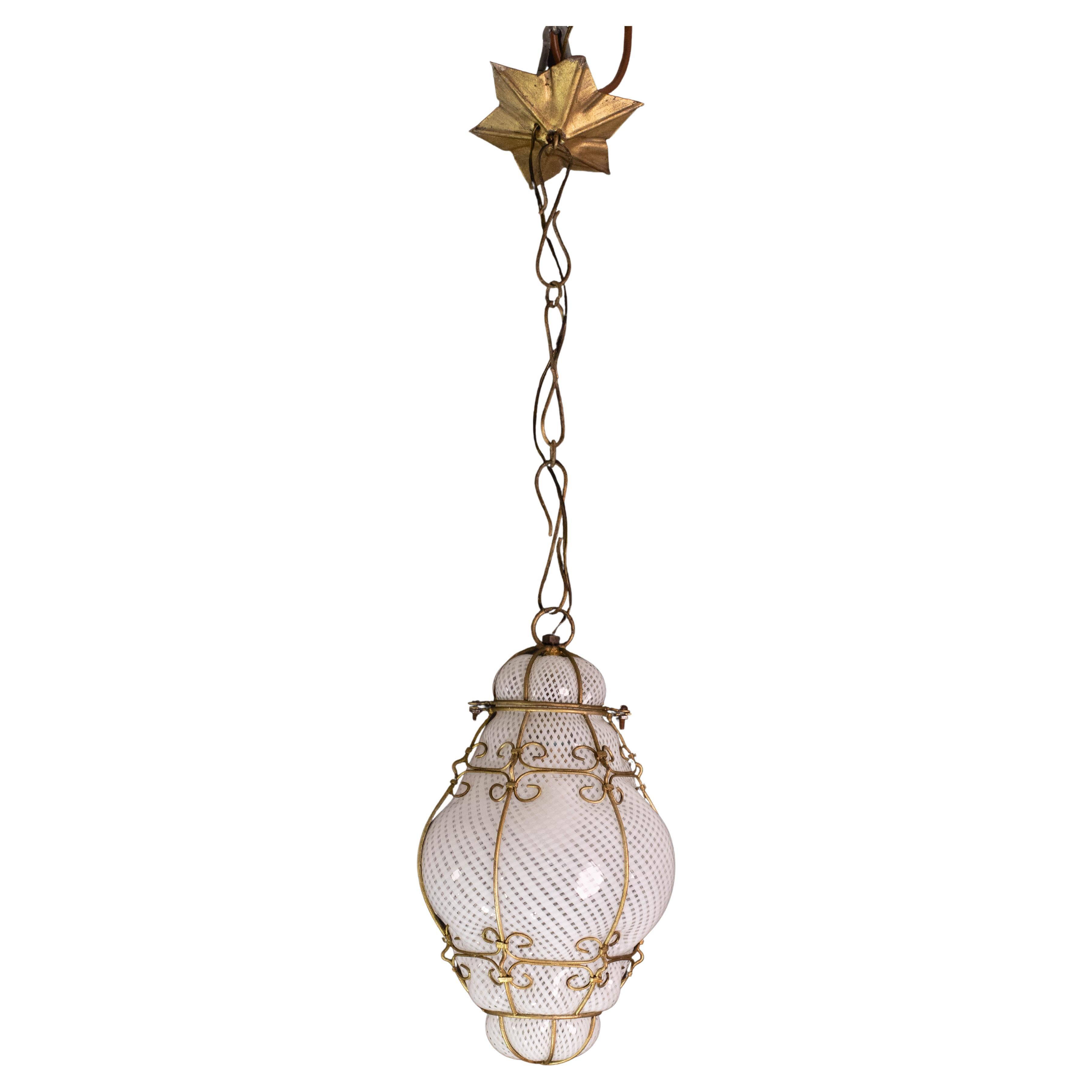 Extraordinary Venetian Lantern in Murano Reticello Glass, 1940s