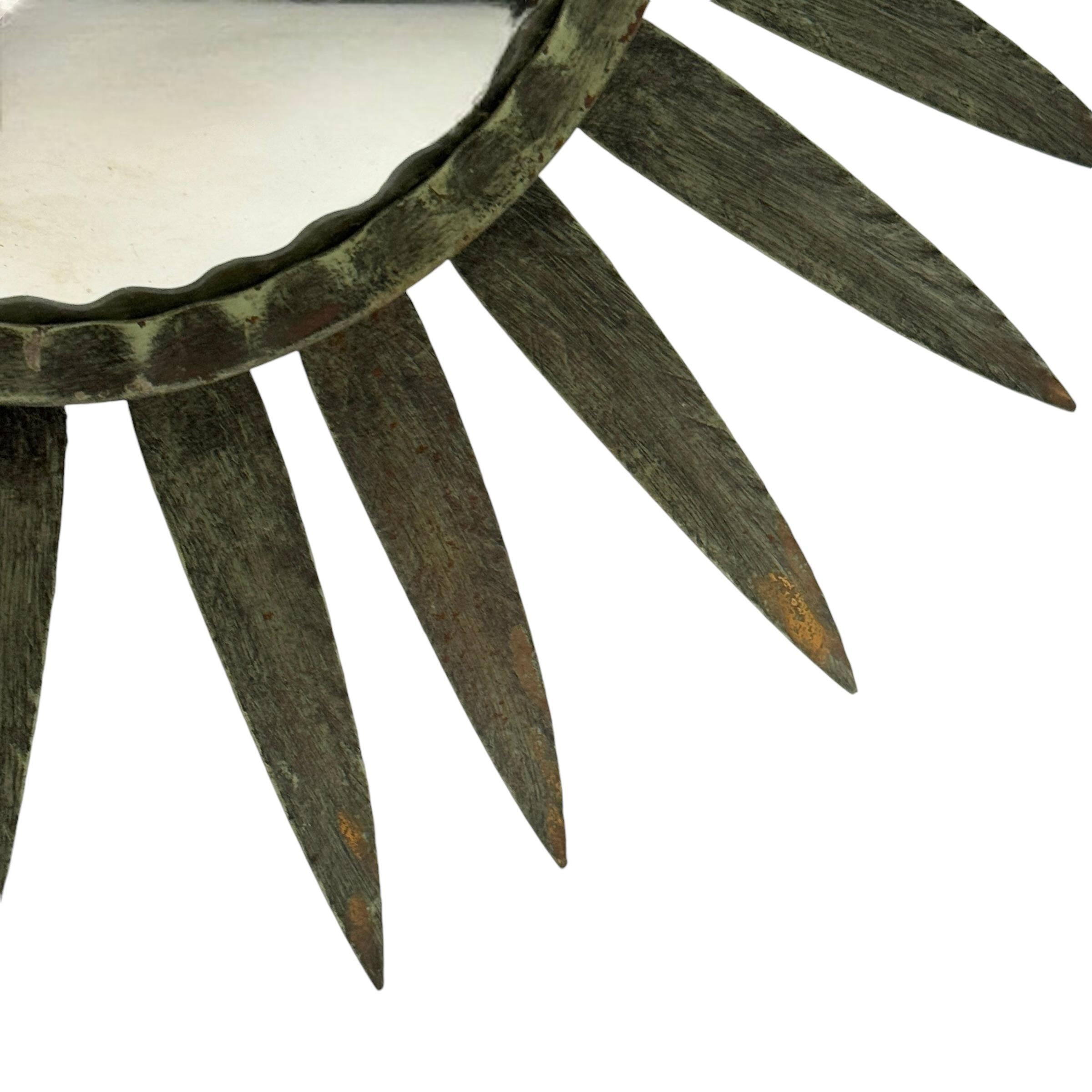 Hollywood Regency Extraordinary Verdigris Sunburst Starburst Metal Convex Mirror France 1960s For Sale