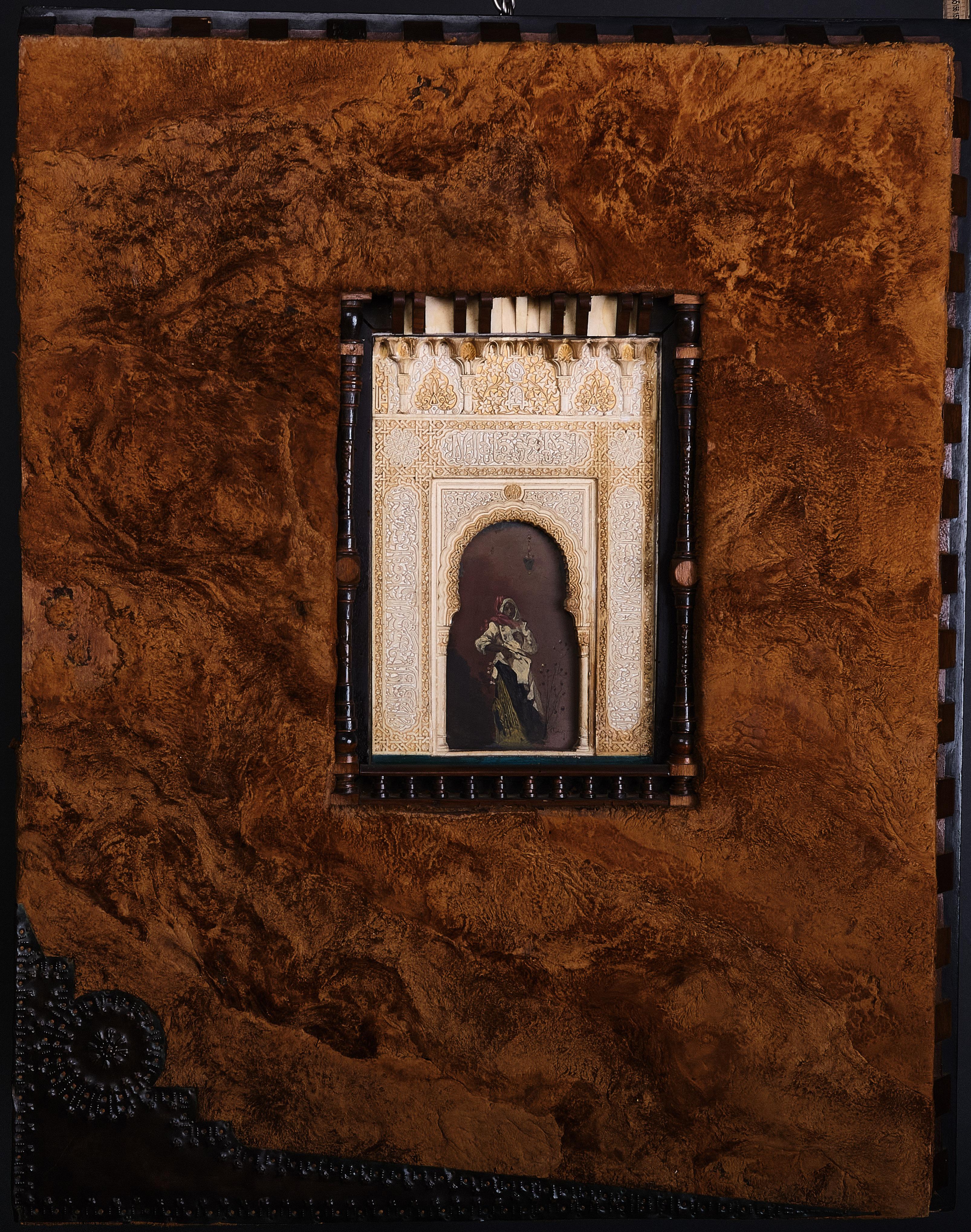 Extraordinary wall panel by Carlo Bugatti with an architectural relief by Enrique Linares (Granada since approx. 1870) and a guache by Alberto Pellegrini (Milan 1870-1943). Ebonized wood and walnut, with inlays as well as roughened, natural leather