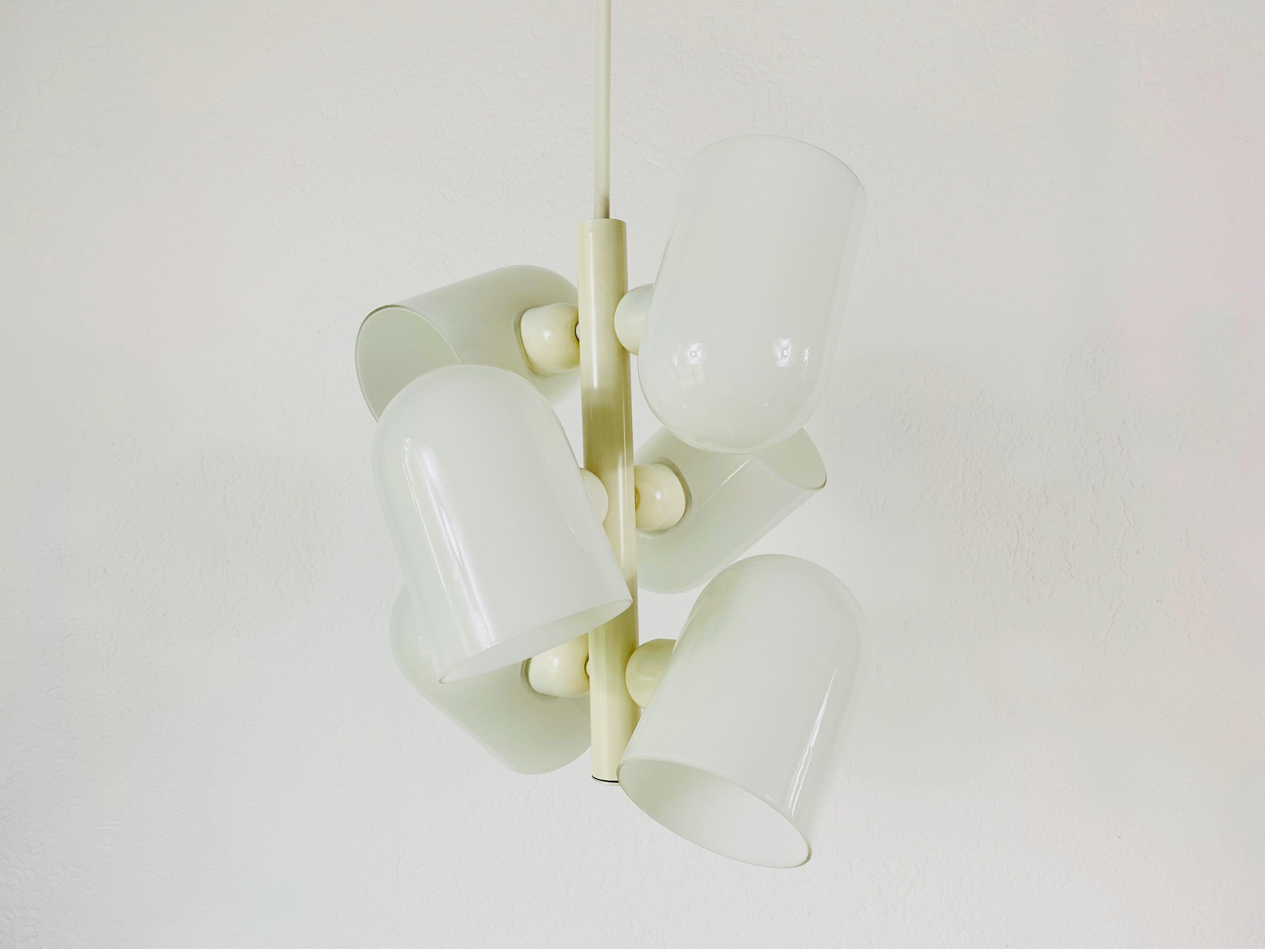 Extraordinary White Glass Kaiser 6-Arm Midcentury Chandelier, 1960s, Germany In Good Condition For Sale In Hagenbach, DE
