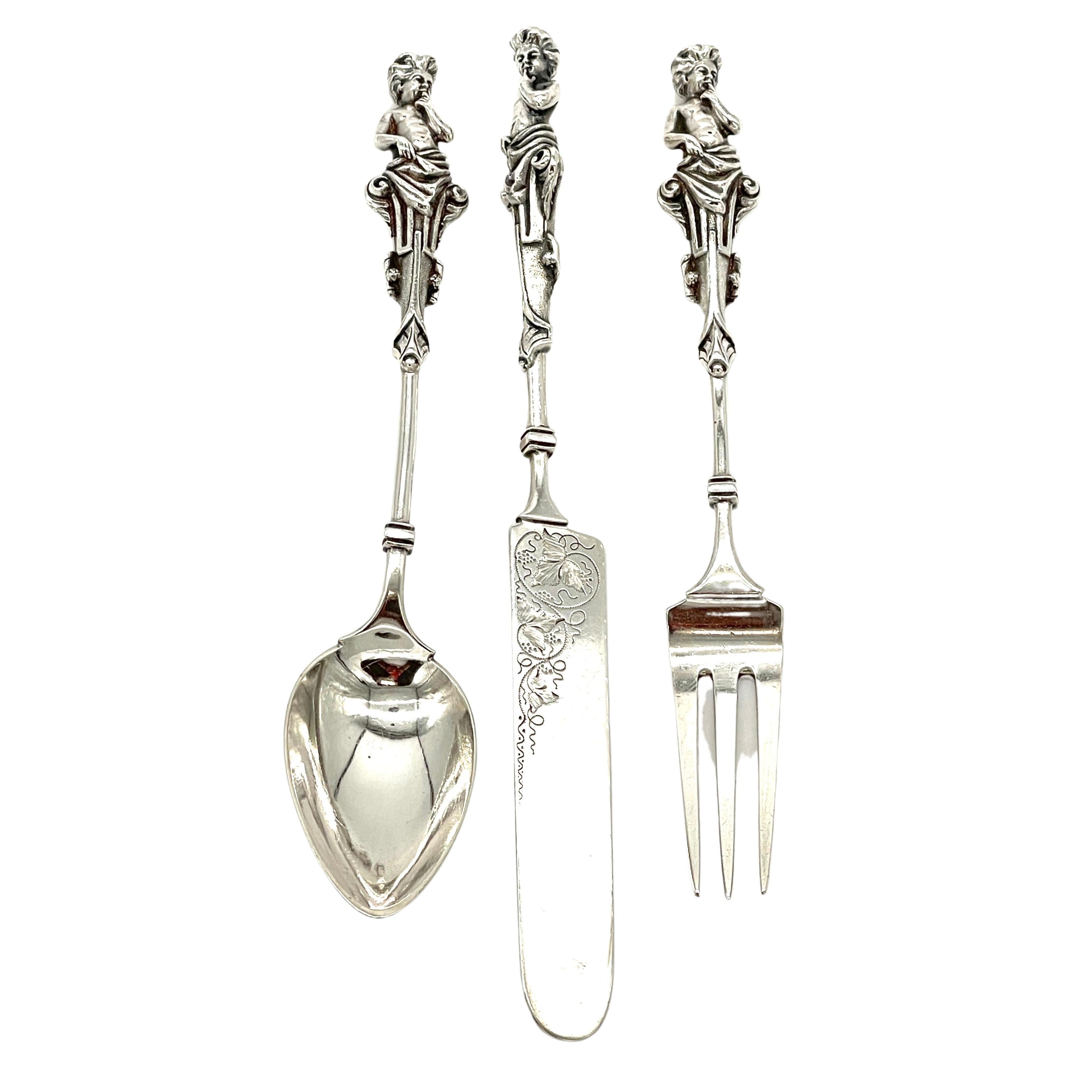 Extraordinary Wood & Hughes Figural Sterling Three-Piece Baby/ Youth Set  For Sale