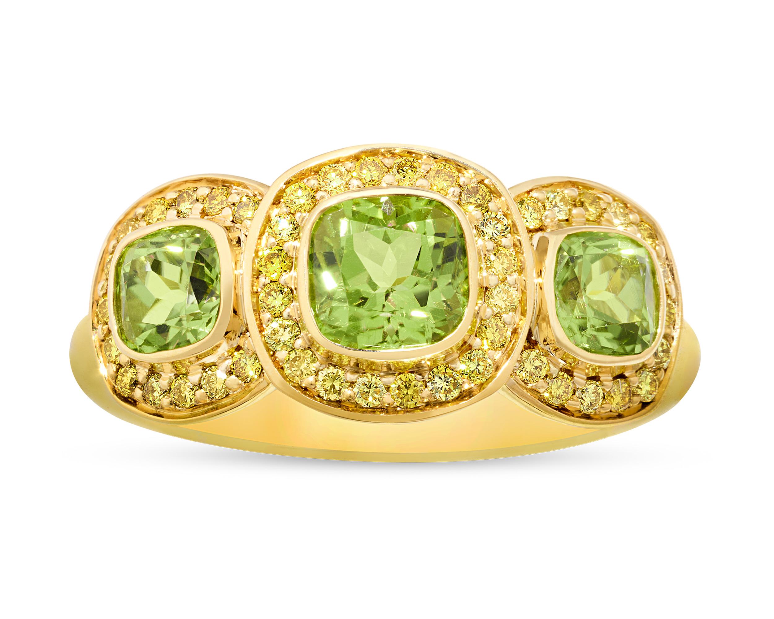 Cushion Cut Extraterrestrial Peridot Ring, 1.59 Carats For Sale