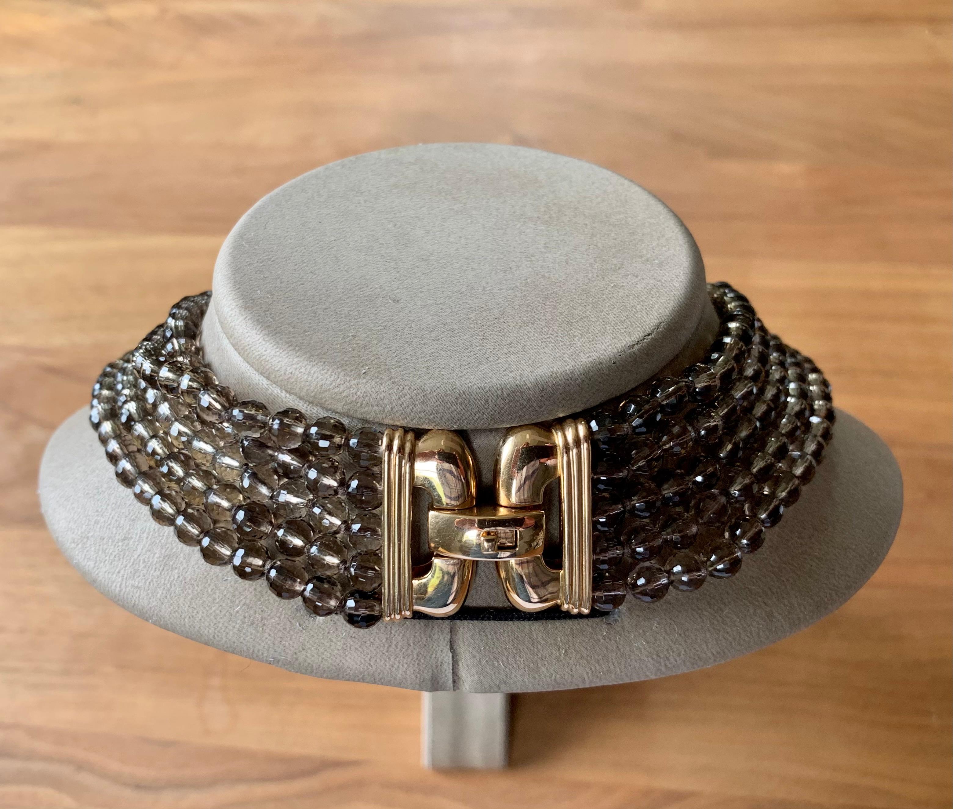 Extravagant 18 K Gold Necklace with Pendant Smoky Quartz Hematite and Diamonds For Sale 4