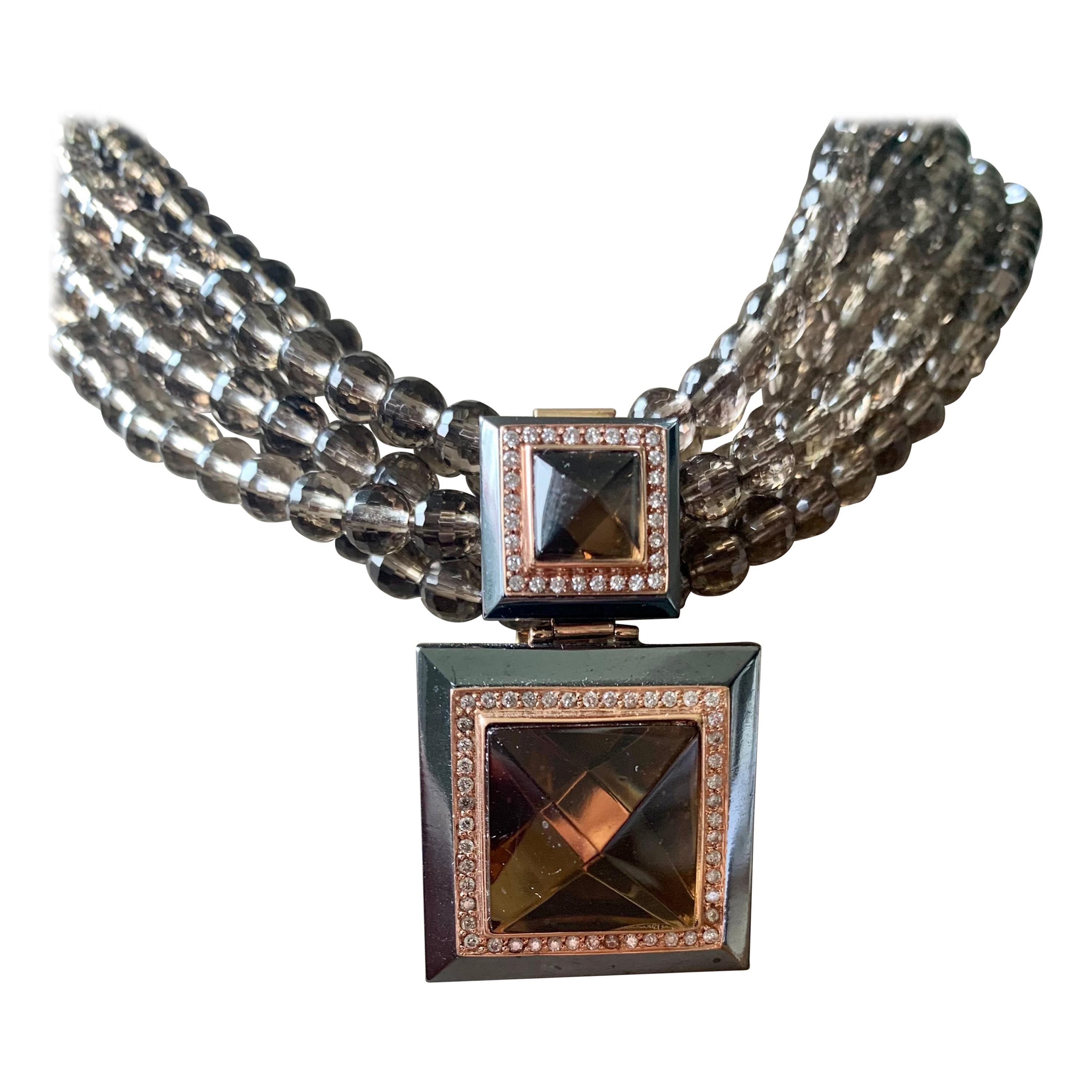 Extravagant 18 K Gold Necklace with Pendant Smoky Quartz Hematite and Diamonds For Sale