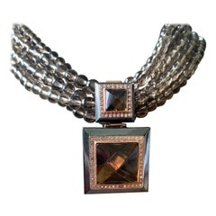 Extravagante 18 K Gold Halskette mit Anhänger Rauchquarz Hämatit und Diamanten