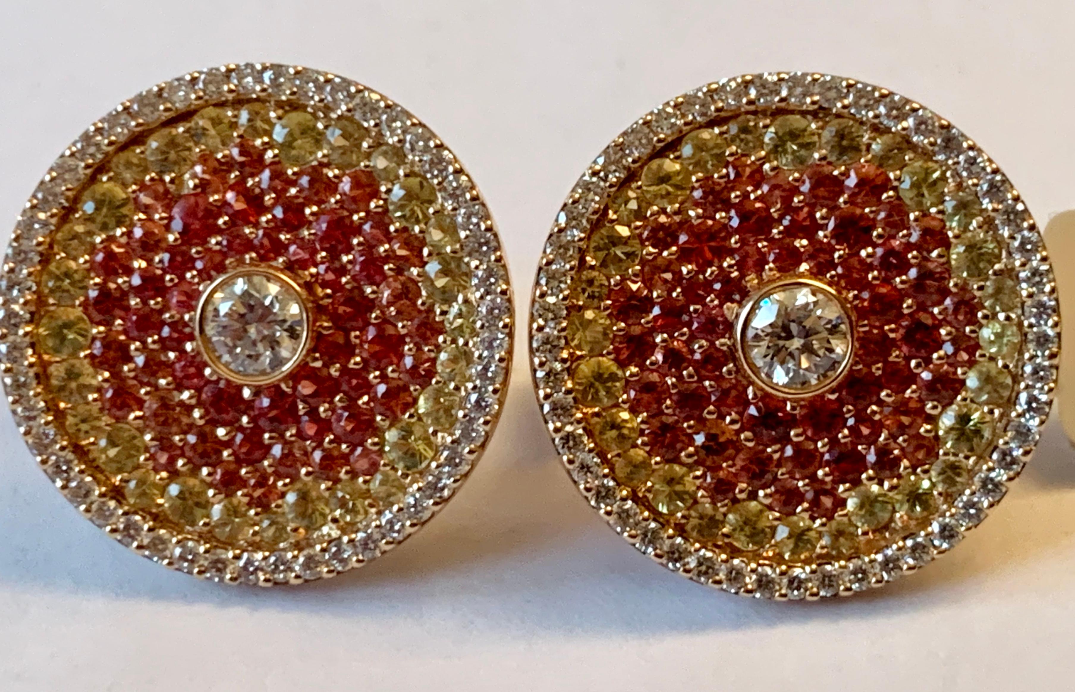 Extravagant 18K Pink Gold Stud Earrings Orange and Yellow Sapphires & Diamonds For Sale 6
