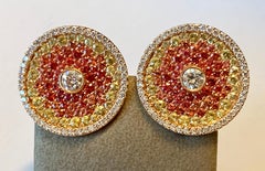 Extravagant 18K Pink Gold Stud Earrings Orange and Yellow Sapphires & Diamonds