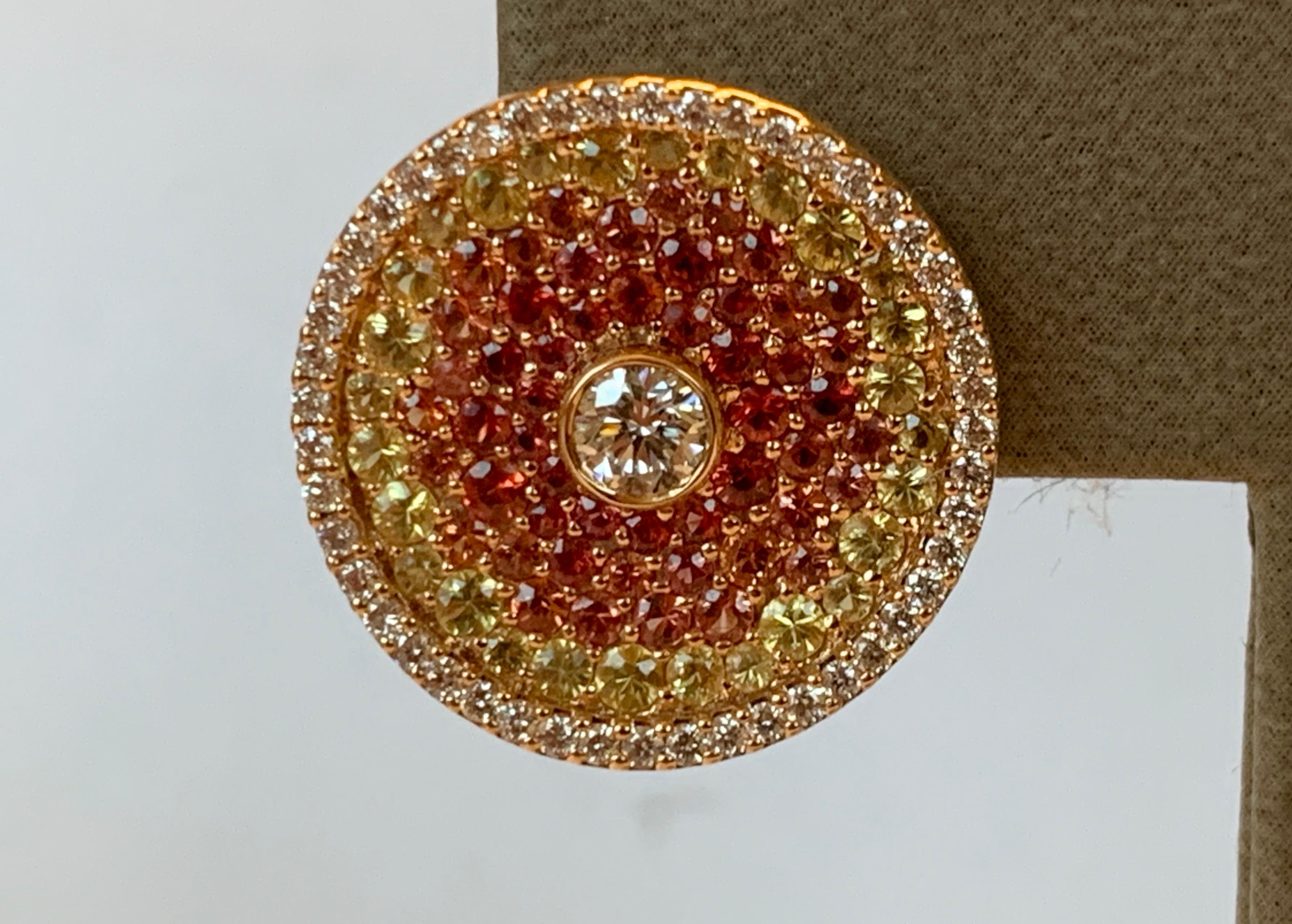 Extravagant 18K Pink Gold Stud Earrings Orange and Yellow Sapphires & Diamonds In New Condition For Sale In Zurich, Zollstrasse