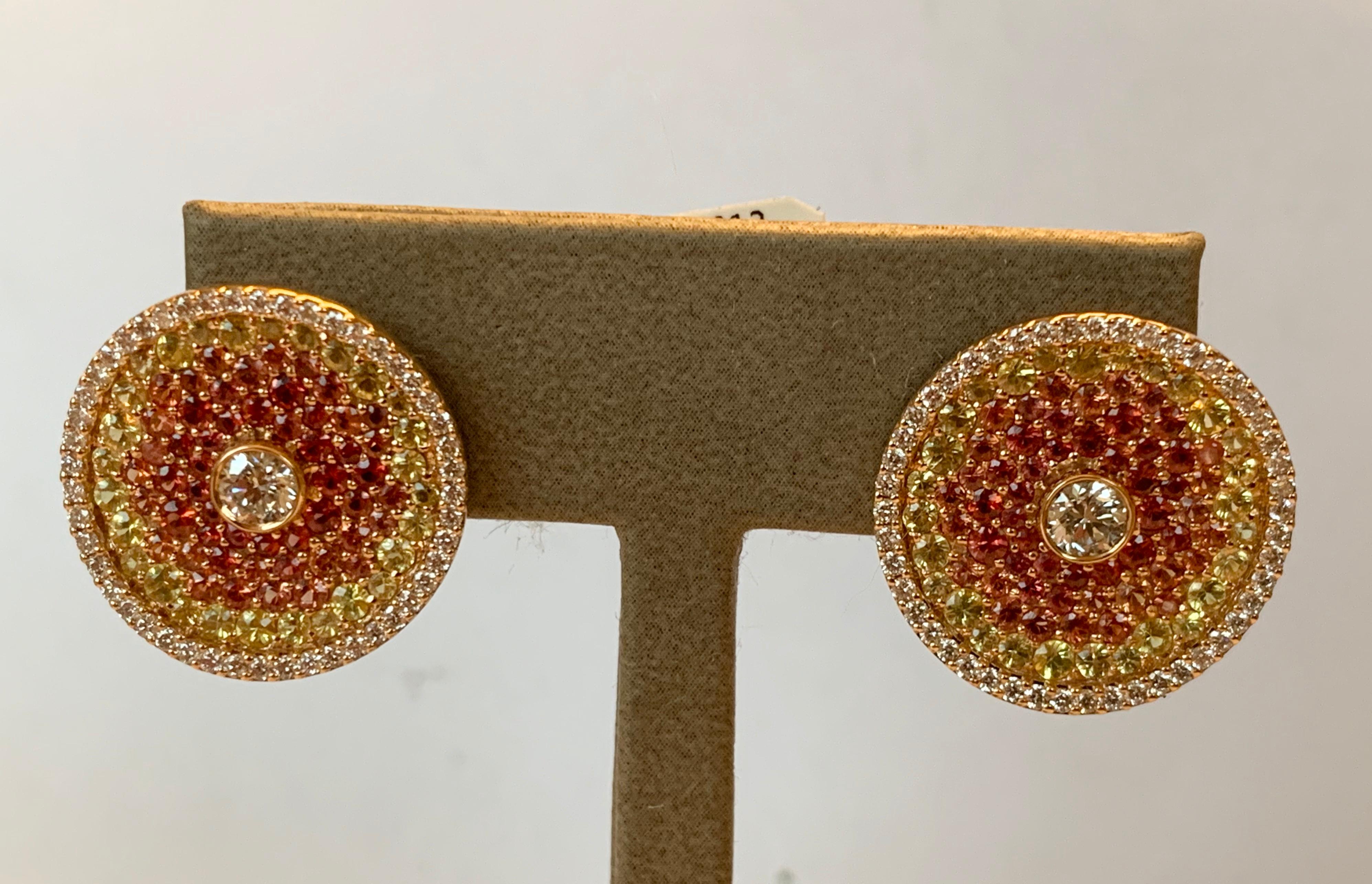 Women's Extravagant 18K Pink Gold Stud Earrings Orange and Yellow Sapphires & Diamonds For Sale
