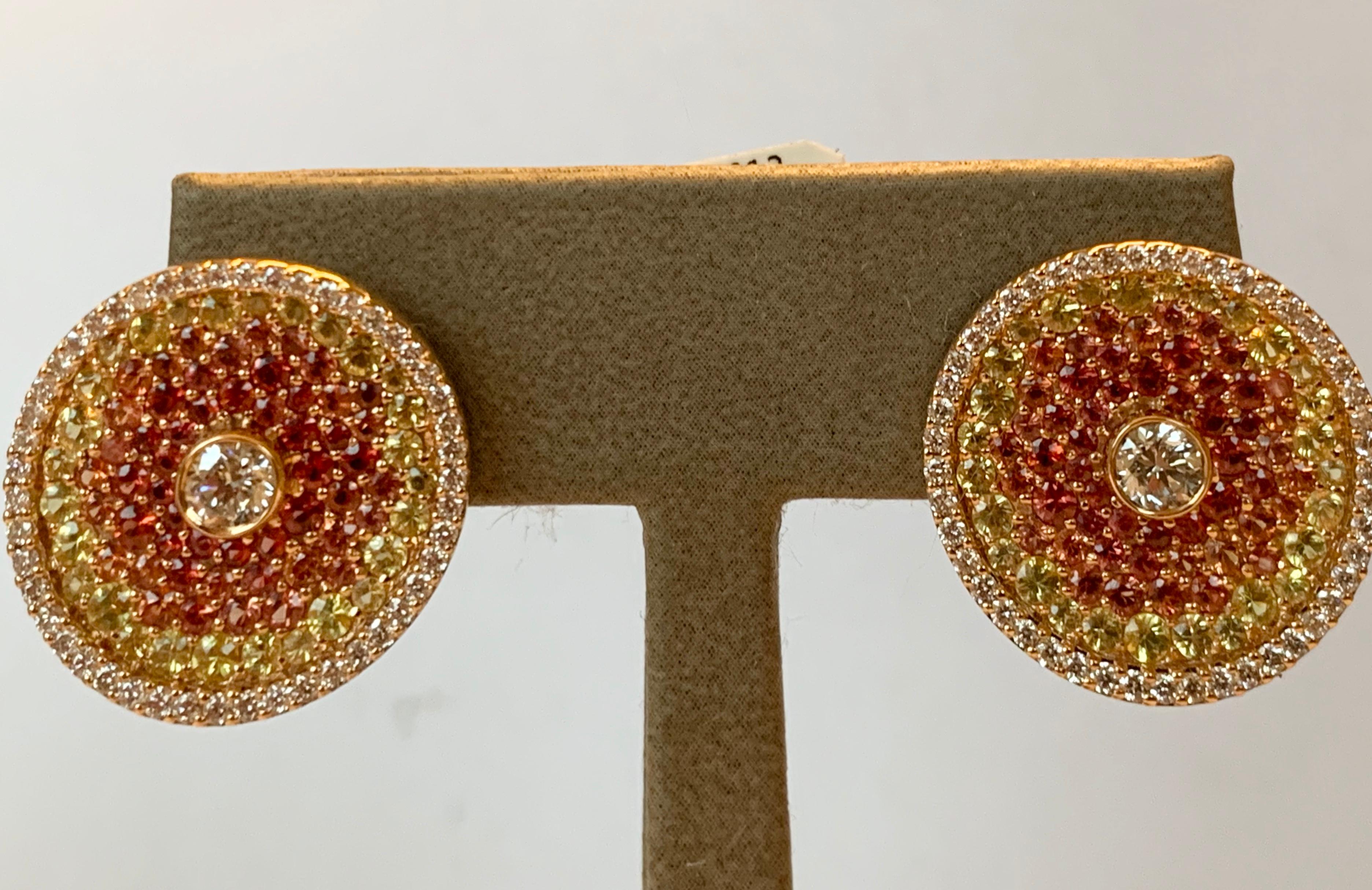 Extravagant 18K Pink Gold Stud Earrings Orange and Yellow Sapphires & Diamonds For Sale 1