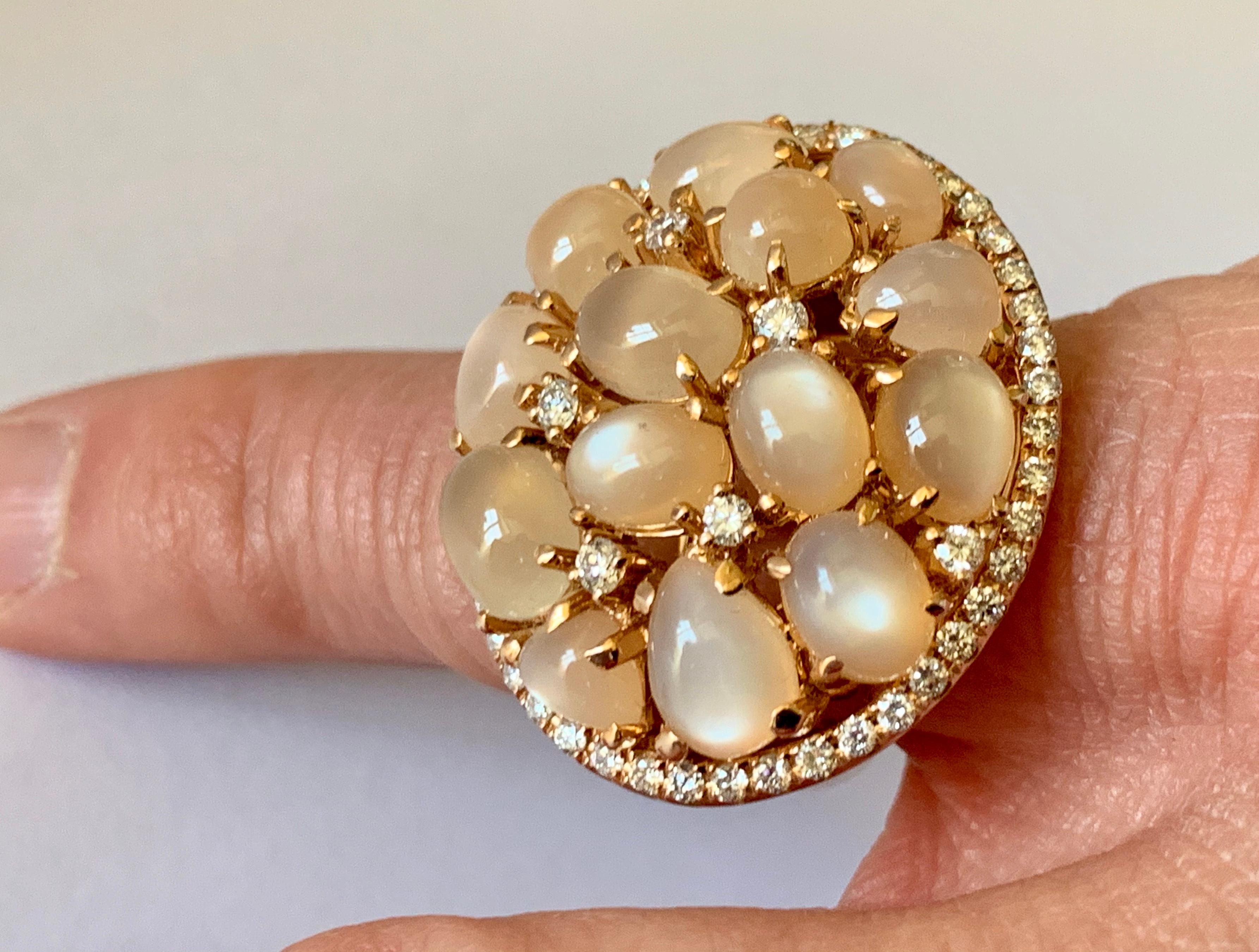 Round Cut Extravagant 18 Karat Rose Gold Cocktail Ring with Moonstones and Diamonds For Sale
