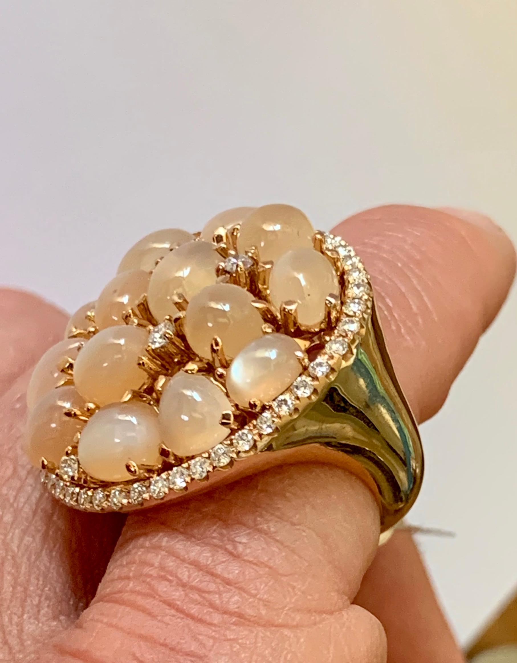 Women's or Men's Extravagant 18 Karat Rose Gold Cocktail Ring with Moonstones and Diamonds For Sale