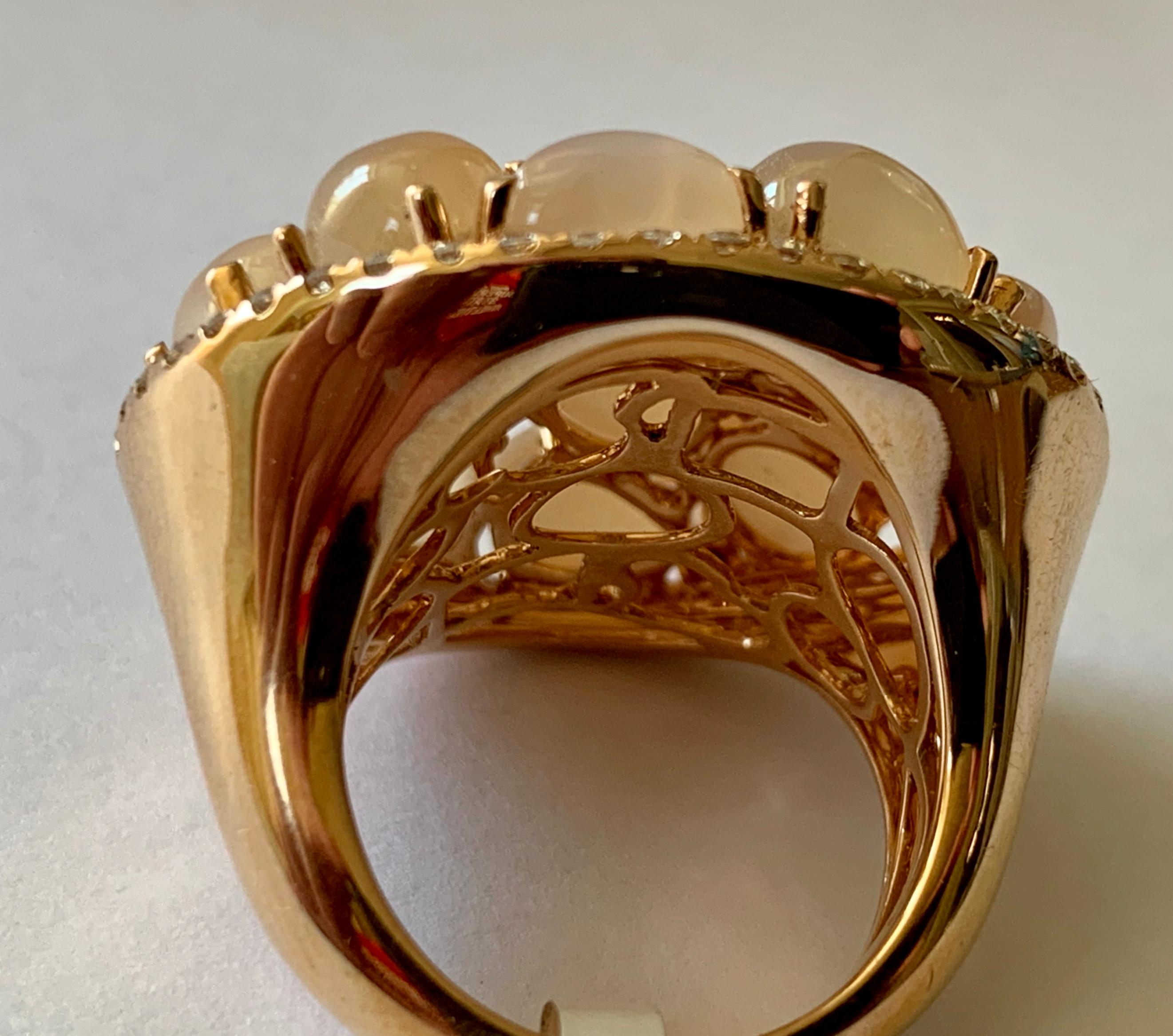 Extravagant 18 Karat Rose Gold Cocktail Ring with Moonstones and Diamonds For Sale 2