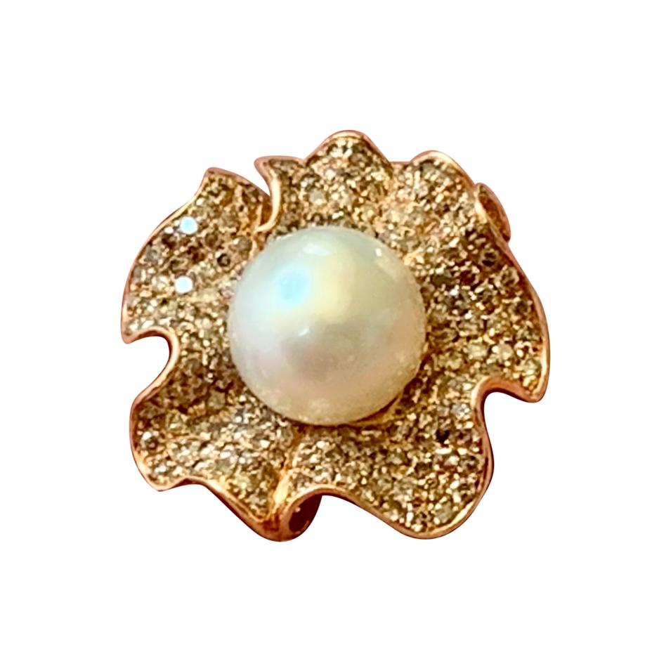 Extravaganter 18k Gold Ring Diamant Pavé und Südsee Perle Blume Cocktail Ring