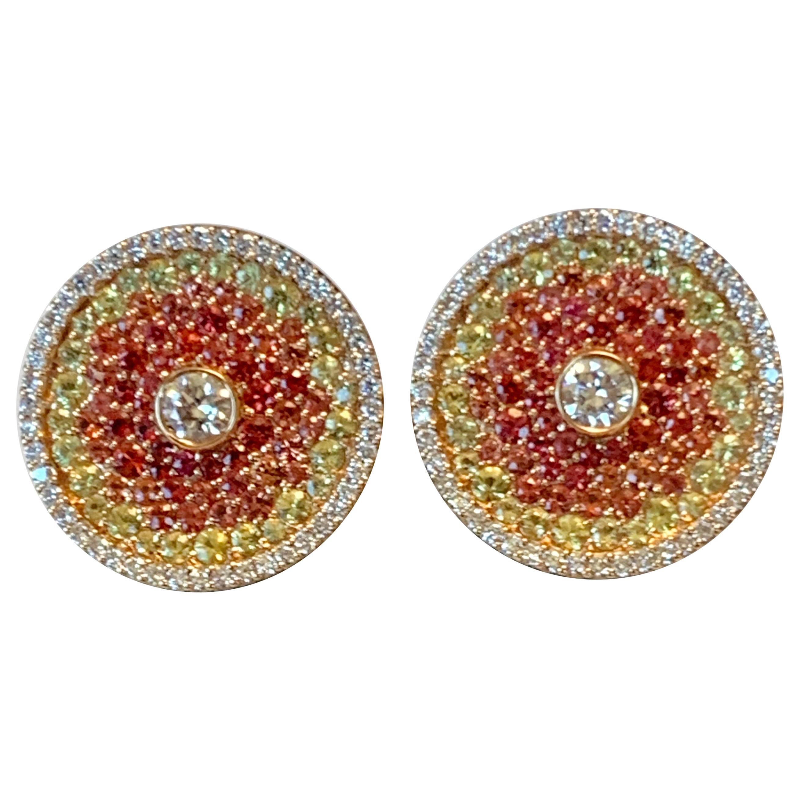 Extravagant 18K Pink Gold Stud Earrings Orange and Yellow Sapphires & Diamonds For Sale