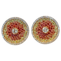 Extravagant 18K Pink Gold Stud Earrings Orange and Yellow Sapphires & Diamonds
