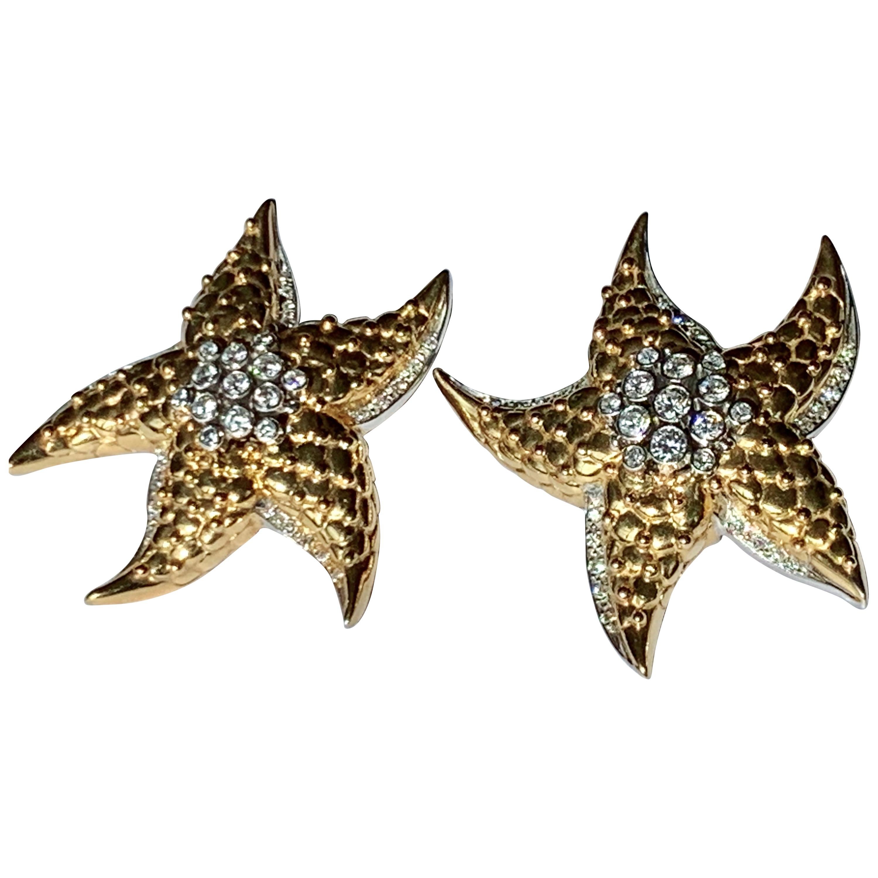 Extravagant Diamond and Gold Starfish Clip-On Earrings