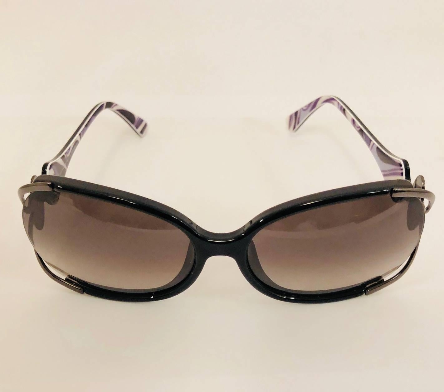 Brown Extravagant Emilio Pucci Black Rim Frame w/ Pewter Tone Side & Pucci Print Arms For Sale