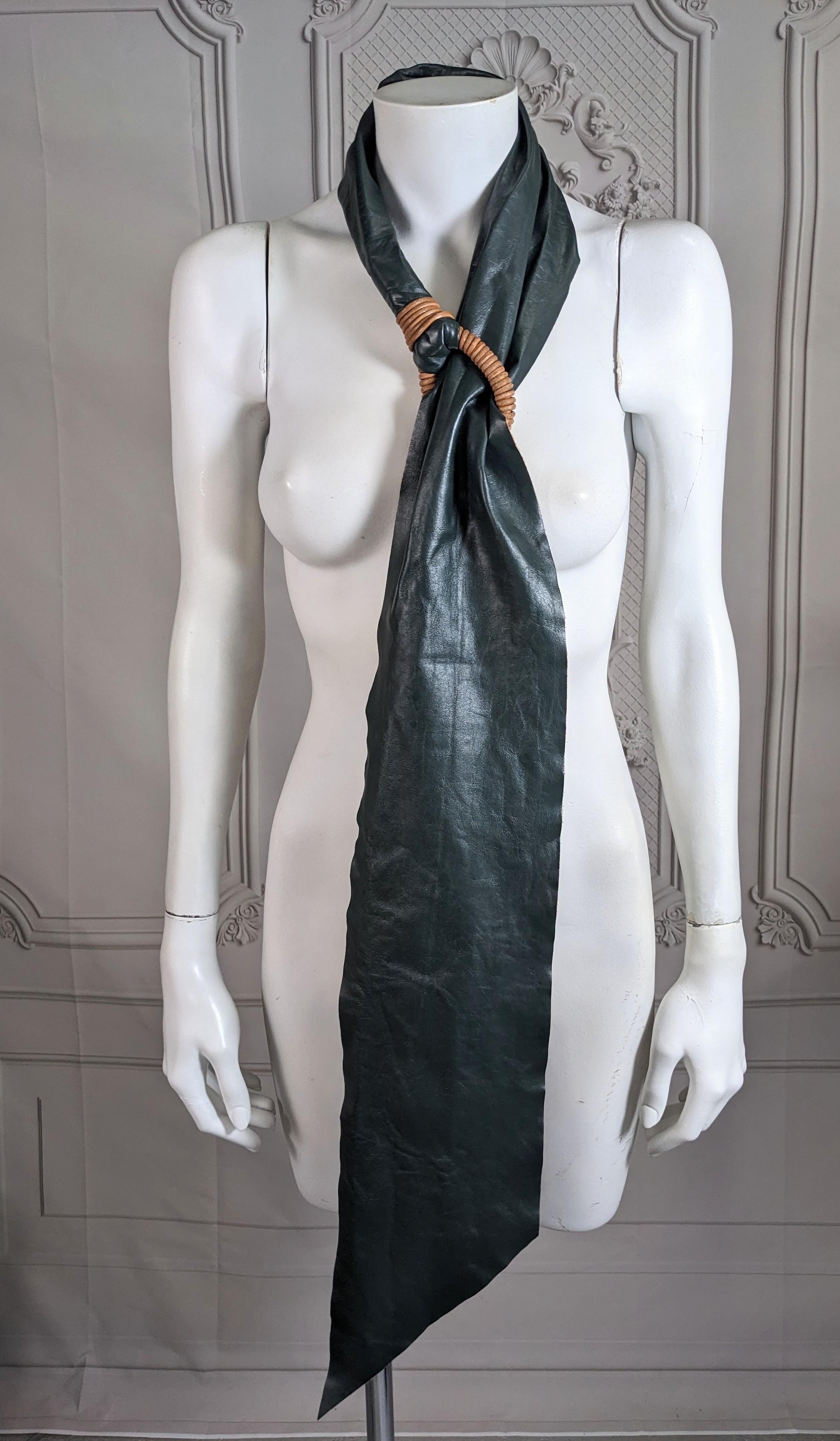 Extravagant Leather Sash Belt from the 1980's. Super long deep green glazed leather sash with loop 
