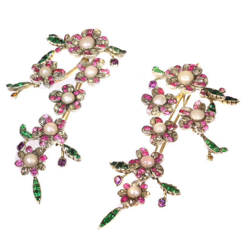 Rose Cut Extravagant Long Pendent Earrings from Antique Parts Diamonds, Pearls, Rubies For Sale