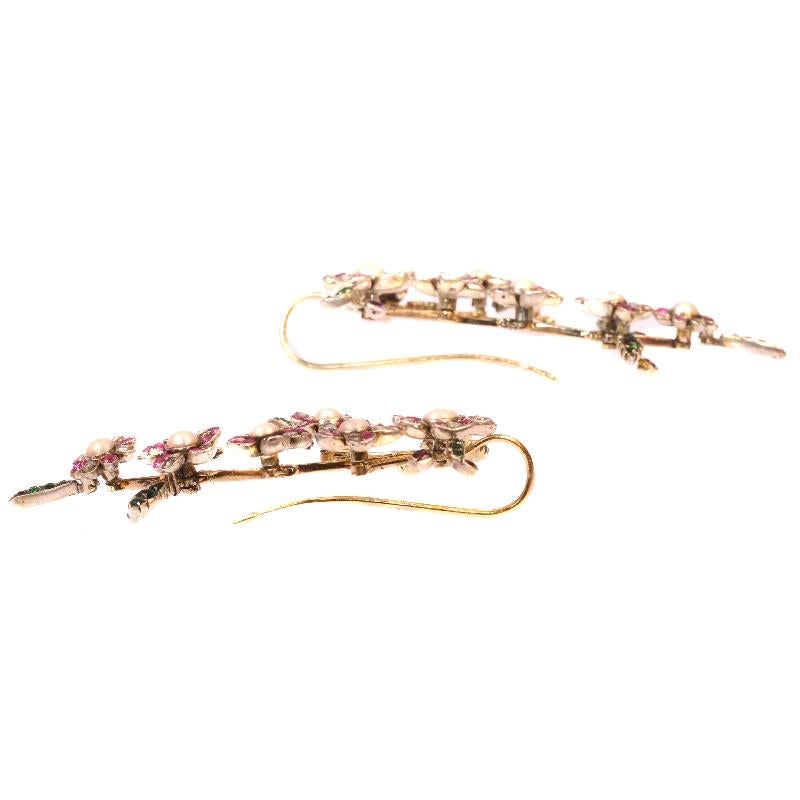 Women's Extravagant Long Pendent Earrings from Antique Parts Diamonds, Pearls, Rubies For Sale