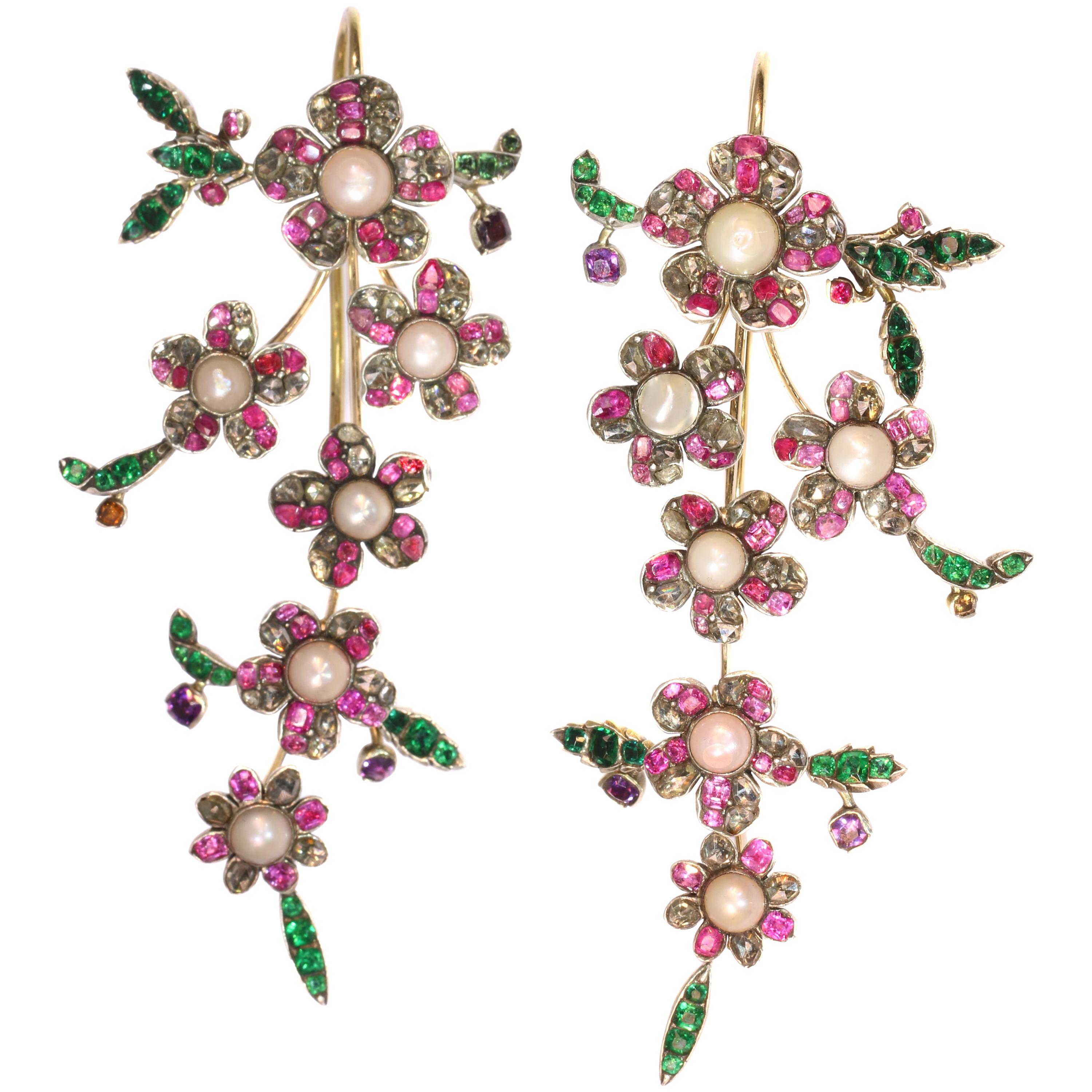 Extravagant Long Pendent Earrings from Antique Parts Diamonds, Pearls, Rubies im Angebot
