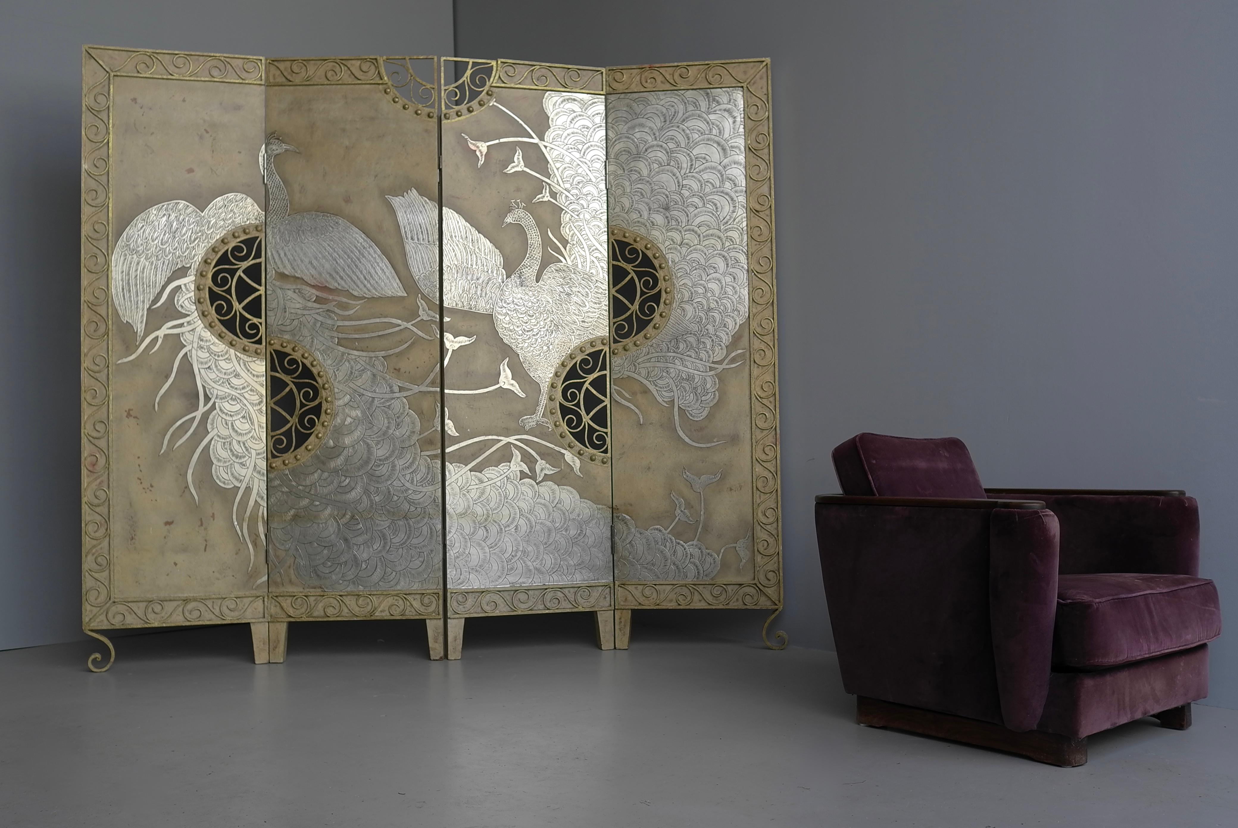 Extravagant Peacock Room divider with Wrought Iron details, The Netherlands 1970's. Very Solid and heavy made folding screen that you can position in different setups. Would look good in any modern or classic interior with Art Deco, Baroque or