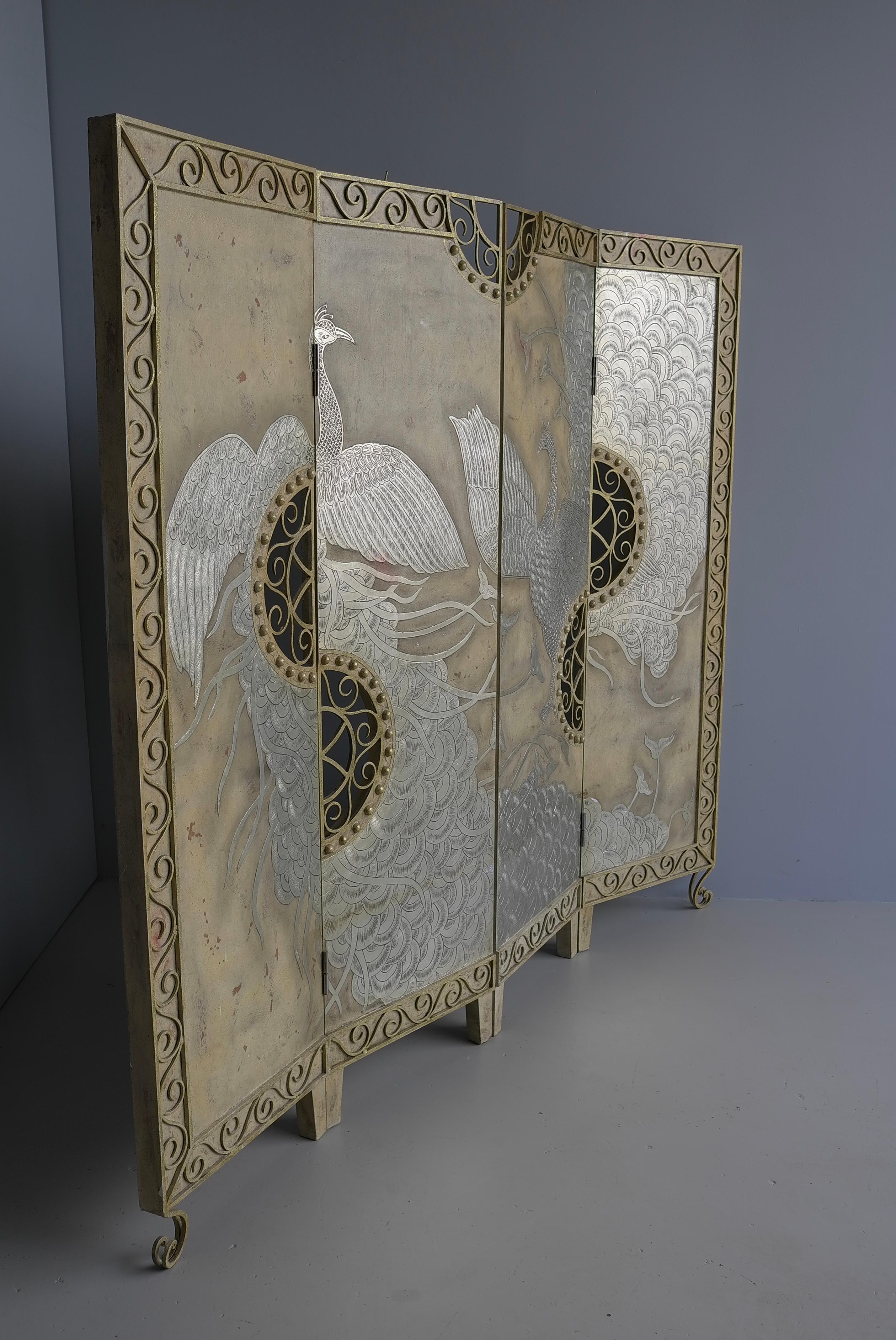 Wood Extravagant  Peacock Room Divider with Wrought Iron details, Netherlands 1970's For Sale