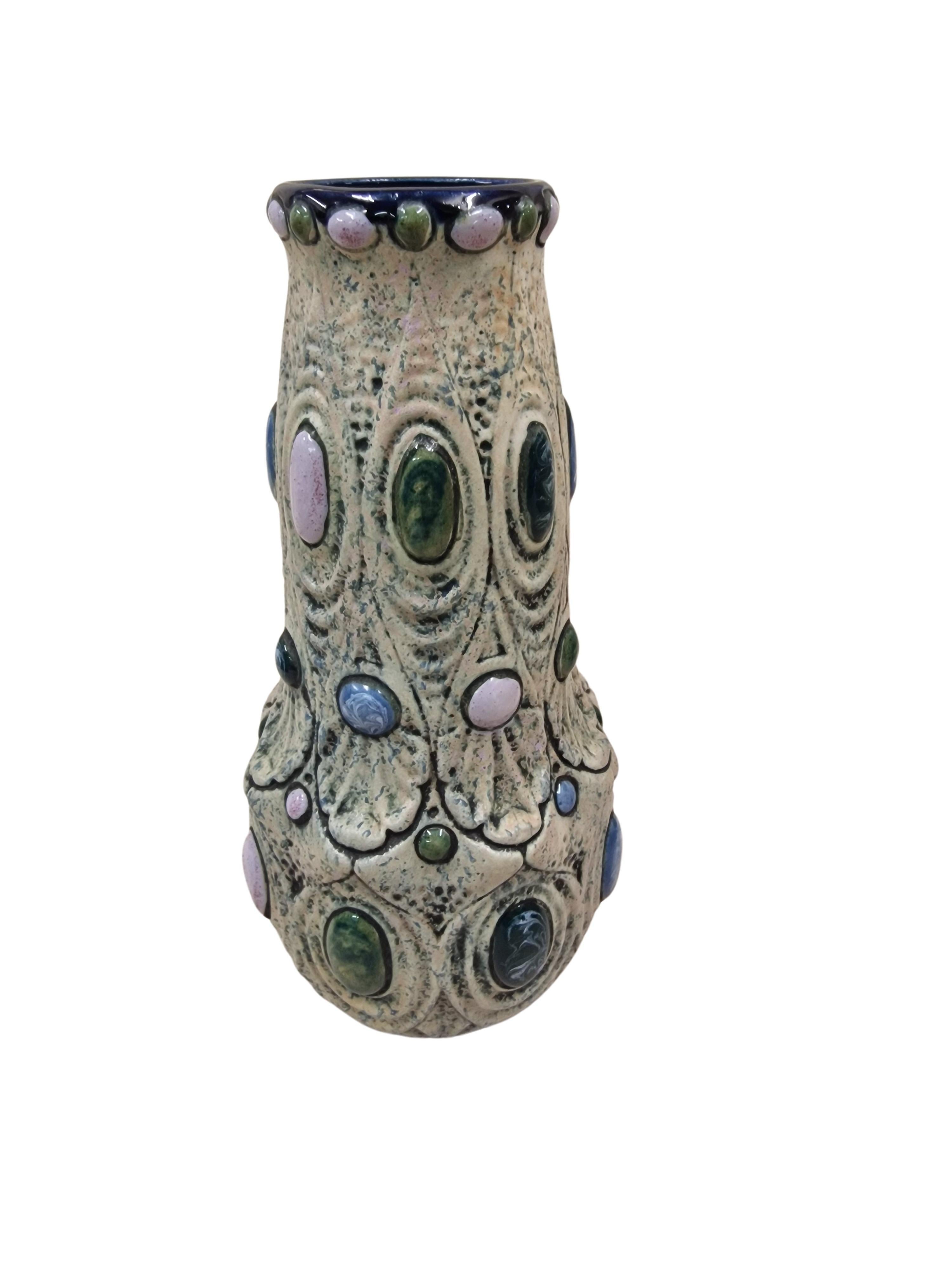 Extravagent flower vase, precious stone look cold painted Amphora, 1920, Bohemia For Sale 1