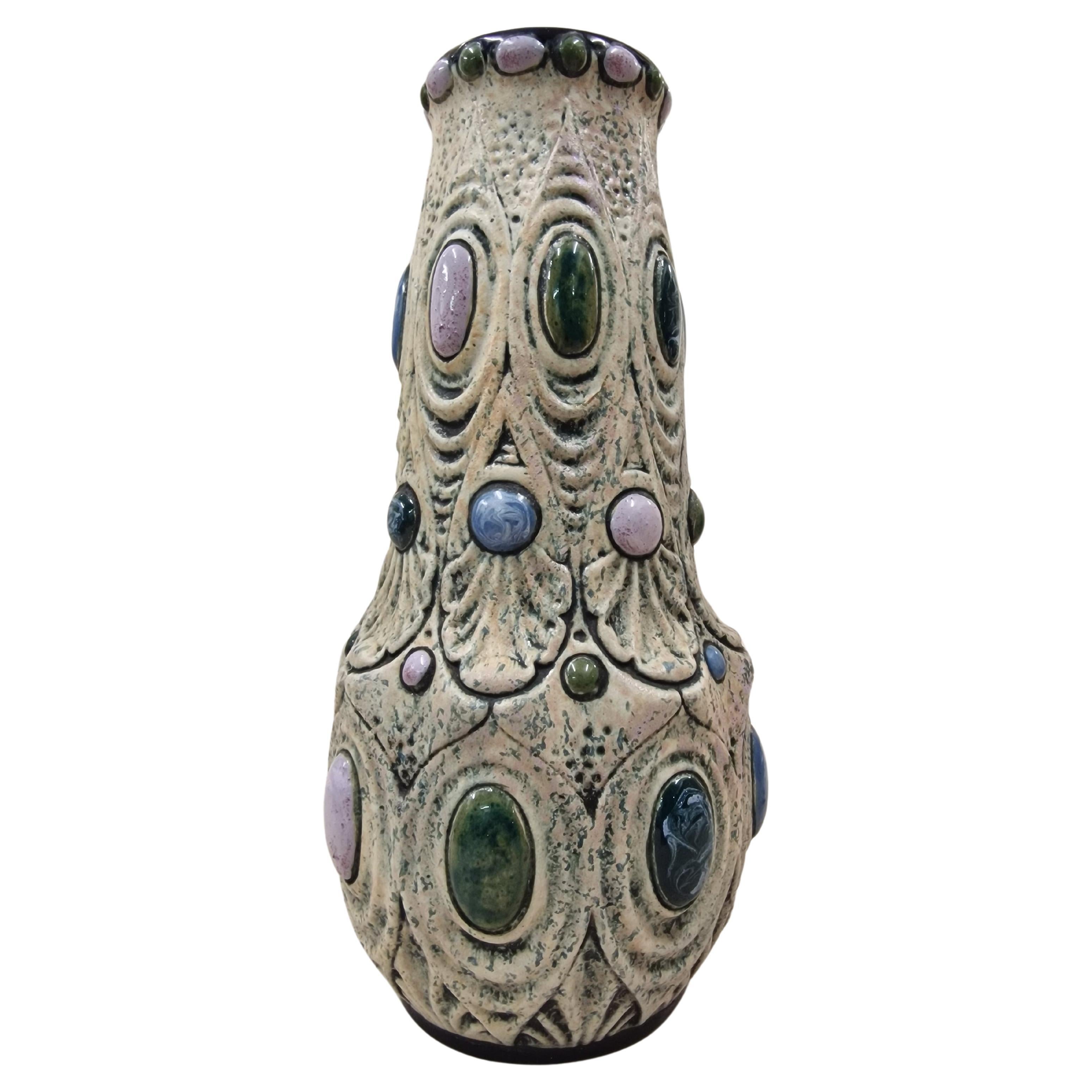 Extravagent flower vase, precious stone look cold painted Amphora, 1920, Bohemia For Sale