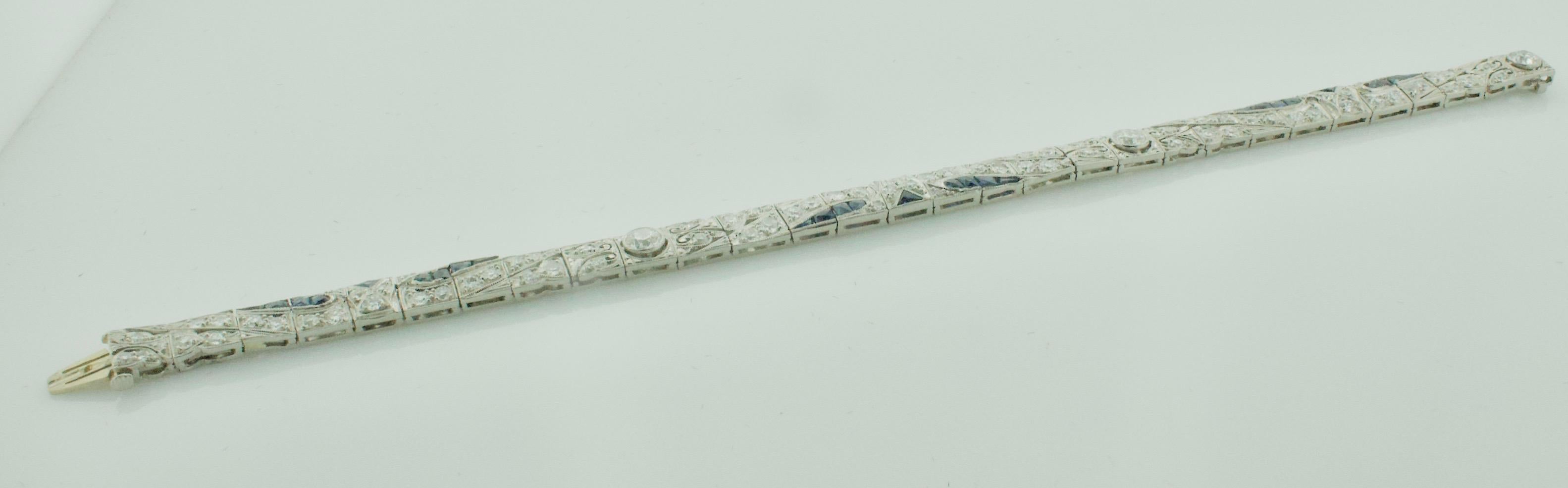 Women's or Men's Art Deco Diamond and Sapphire Bracelet in Platinum, circa 1920s For Sale
