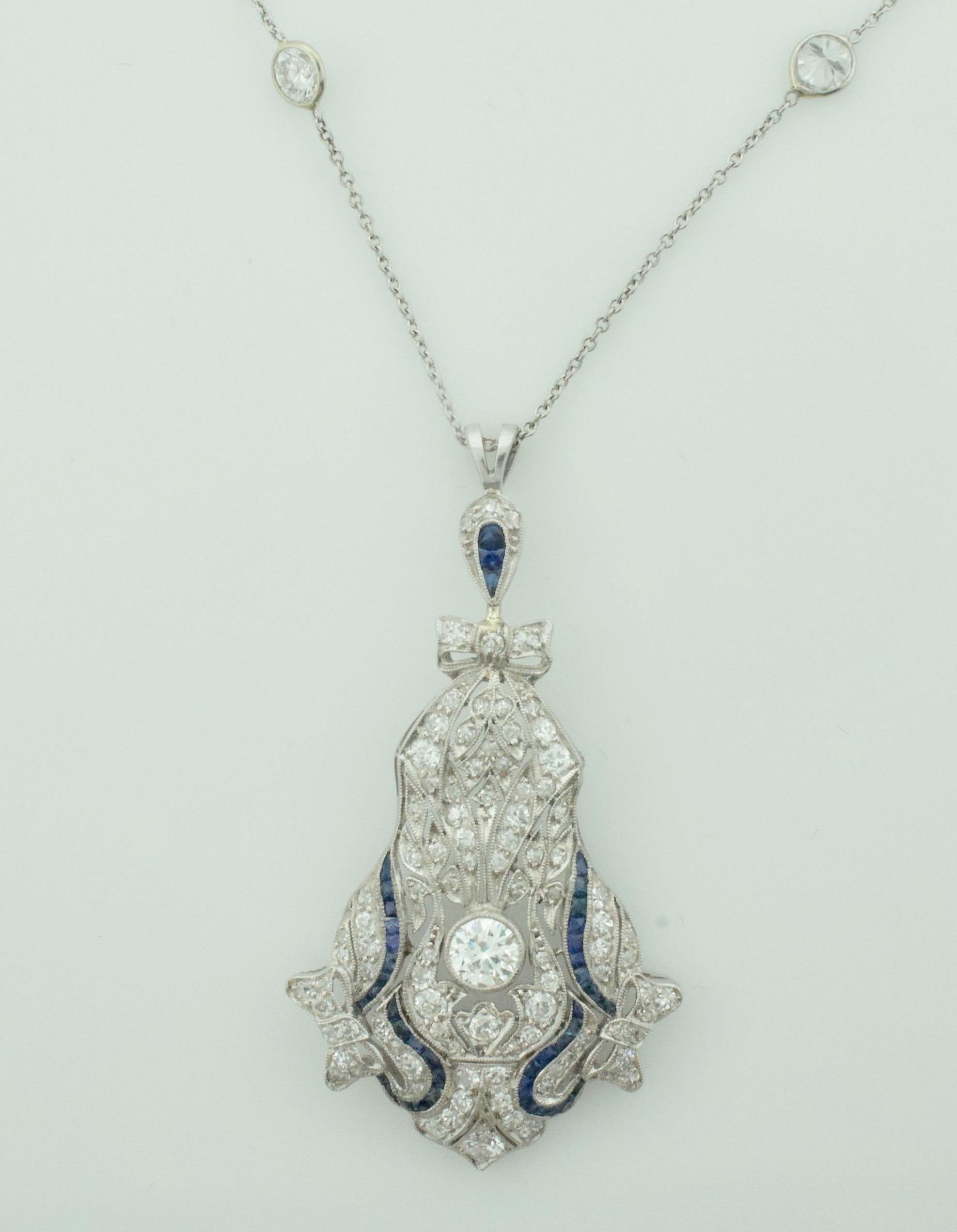 French Cut Extreme Art Deco Diamond and Sapphire Necklace in Platinum, circa 1930s