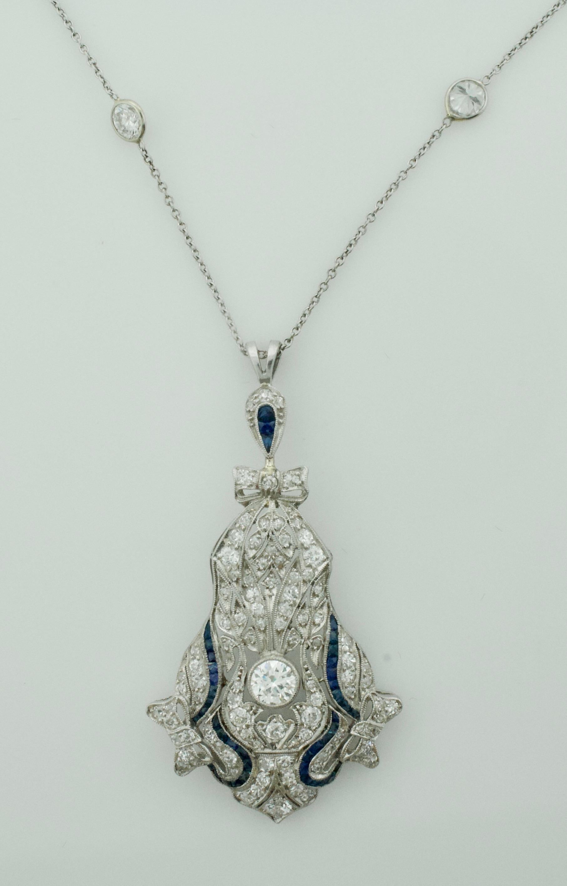Extreme Art Deco Diamond and Sapphire Necklace in Platinum, circa 1930s In Excellent Condition In Wailea, HI
