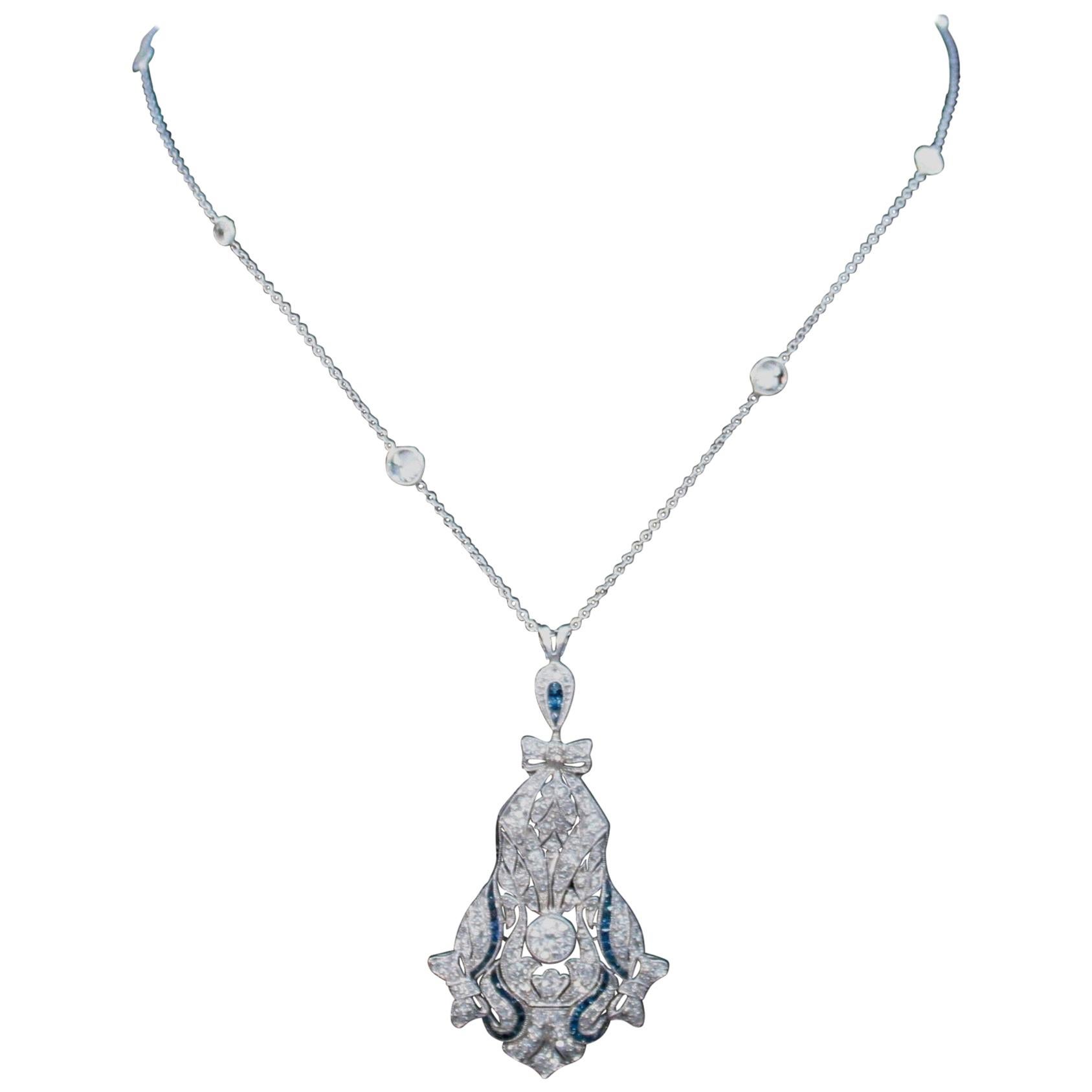 Extreme Art Deco Diamond and Sapphire Necklace in Platinum, circa 1930s