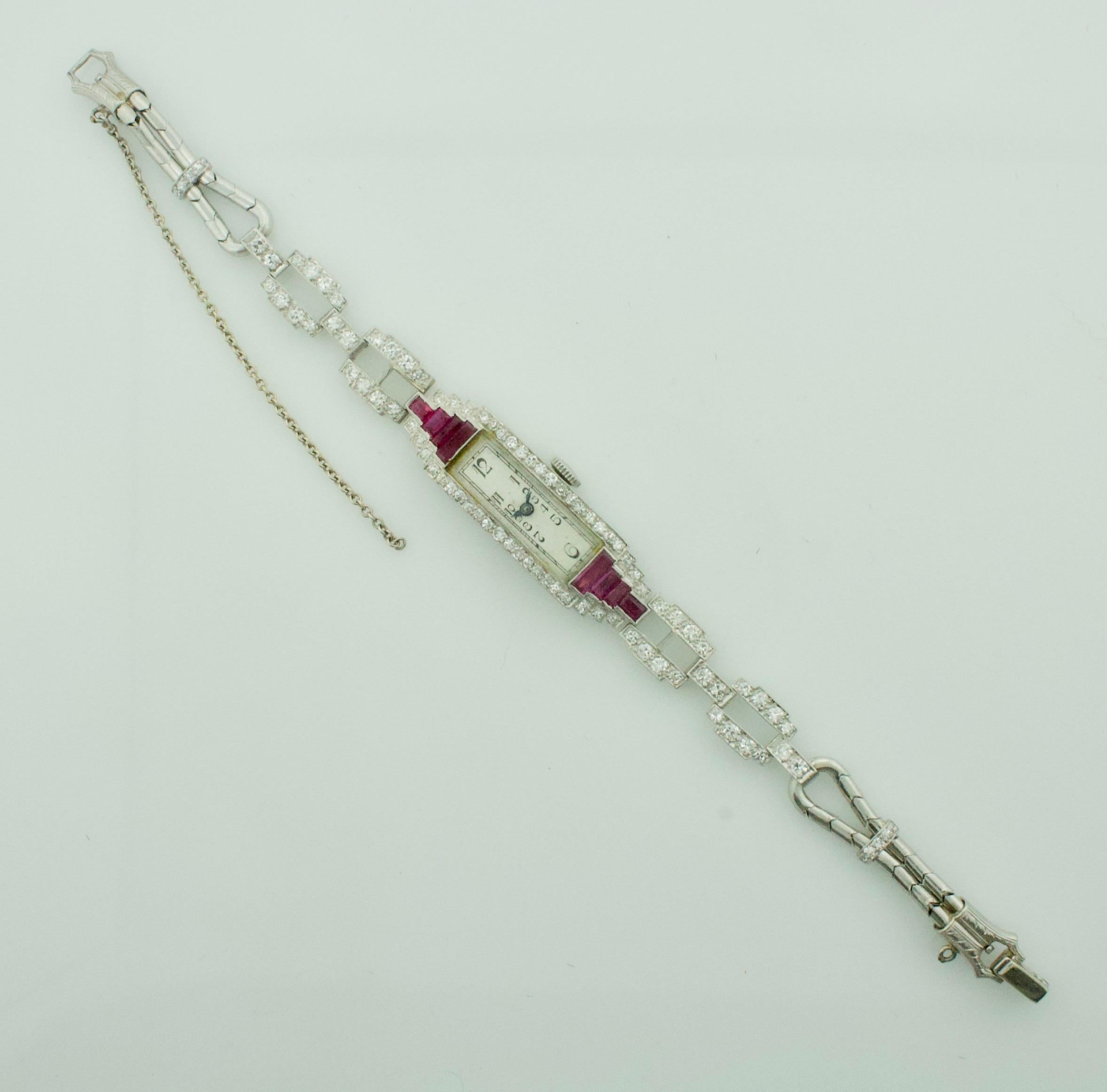 Baguette Cut Extreme Art Deco Ruby and Diamond Watch Circa 1920 - 1930 in Platinum