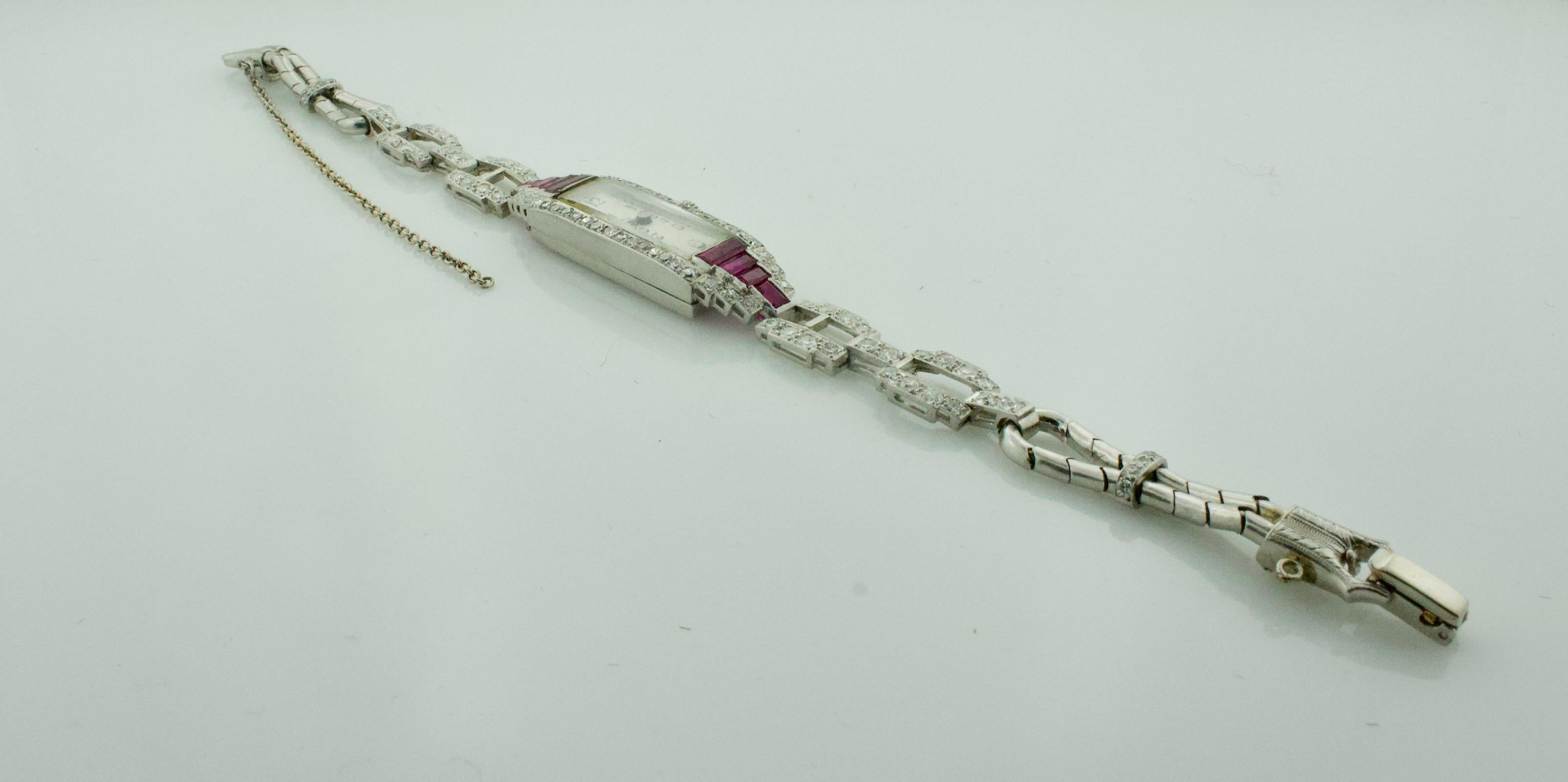 Extreme Art Deco Ruby and Diamond Watch Circa 1920 - 1930 in Platinum In Good Condition In Wailea, HI