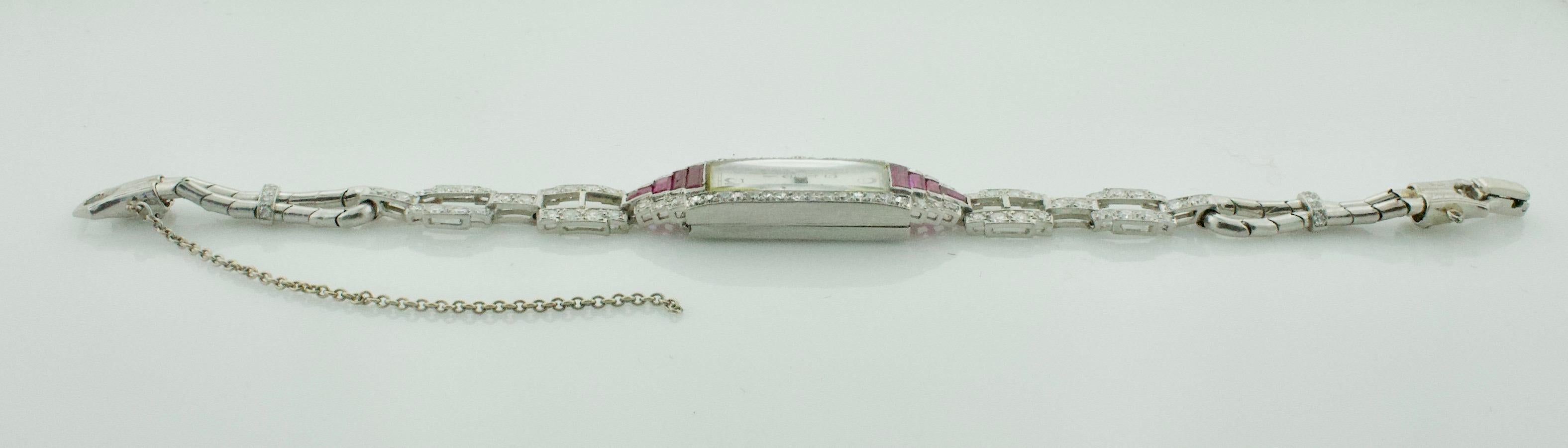 Women's or Men's Extreme Art Deco Ruby and Diamond Watch Circa 1920 - 1930 in Platinum