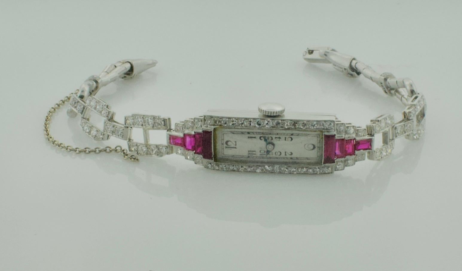 Extreme Art Deco Ruby and Diamond Watch Circa 1920 - 1930 in Platinum 1