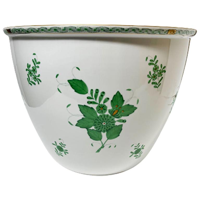 Extreme Large Cachepot Herend Hungary Porcelain "Chinese Bouquet Apponyi Green" For Sale