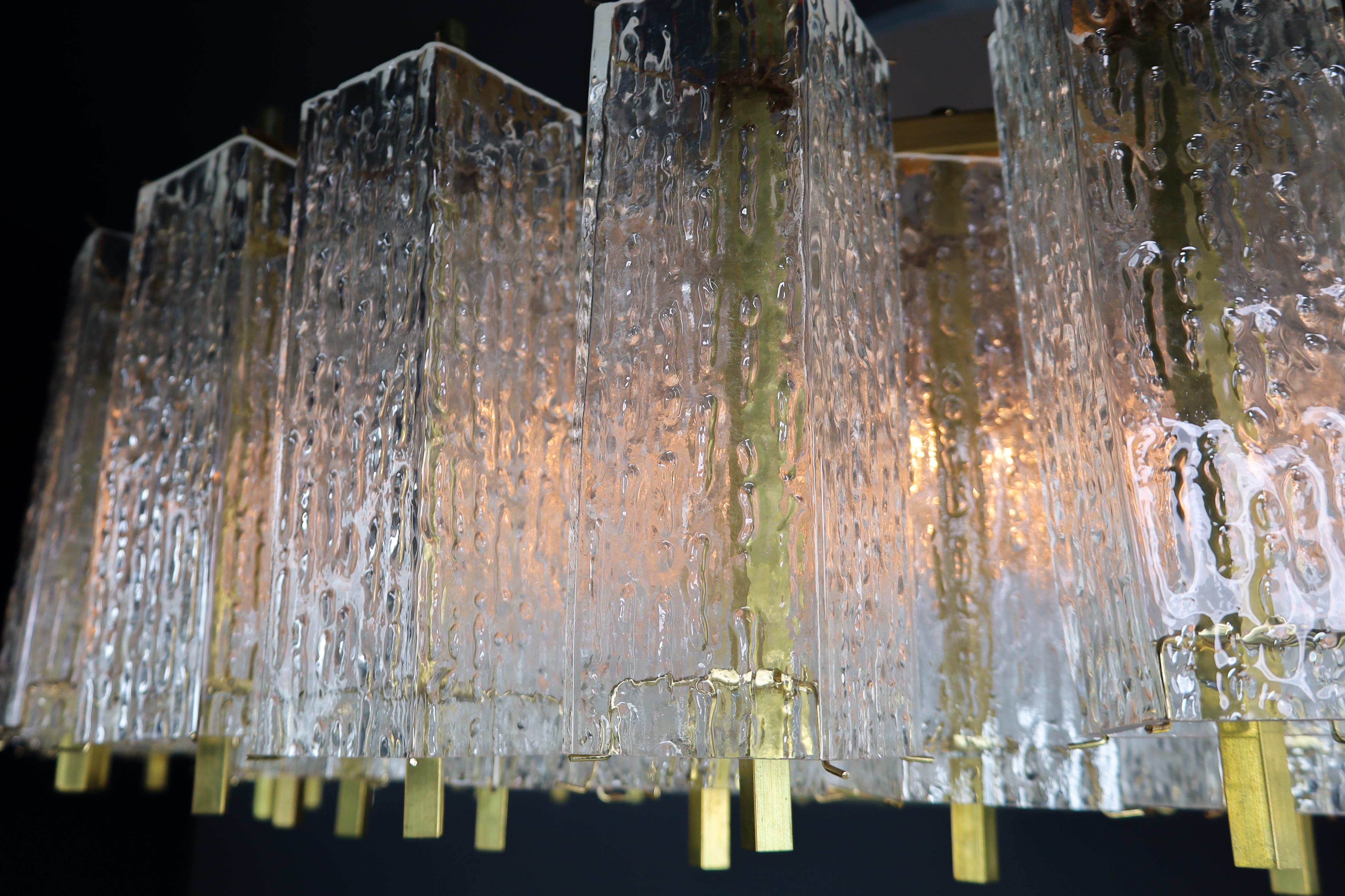 Large Midcentury Chandelier in Structured Glass and Brass, Europe 1960s For Sale 2